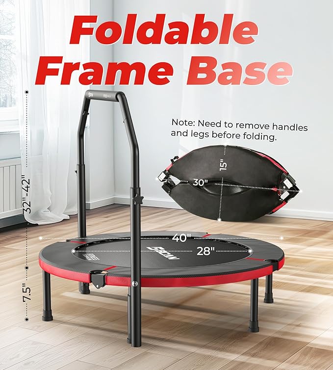 BCAN 40"/48" Foldable Mini Trampoline, Rebounder Trampoline for Adults, U/T Adjustable Foam Handle, Exercise Rebounder for Adults Indoor/Garden Workout, Max Load 330lbs/440lbs