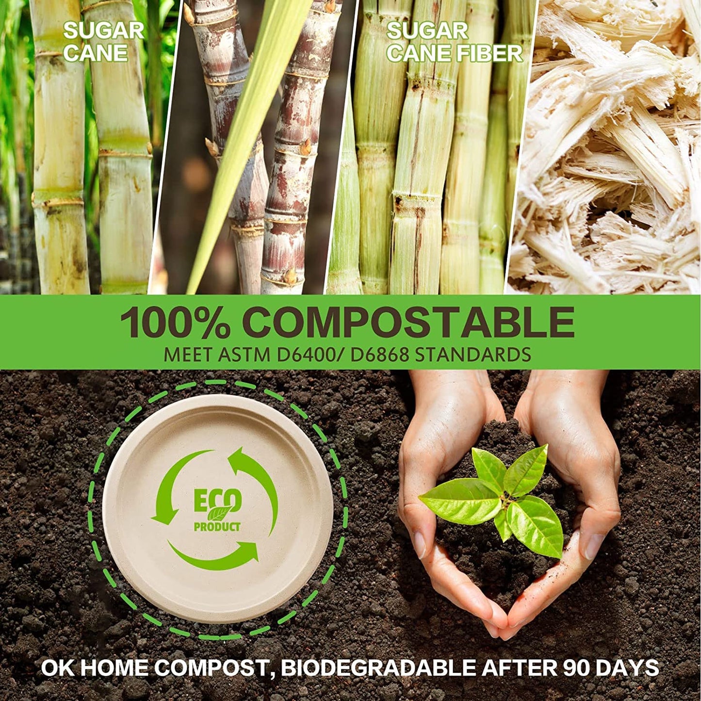Gezond 100% Compostable Plates, Paper Plates 10 Inch 125 Pack Disposable Heavy-duty Plate Biodegradable Sugarcane Bagasse Plate for Party Picnic (Natural)