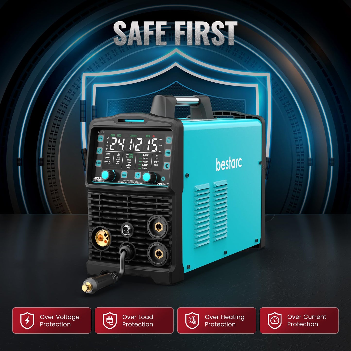 bestarc 215Amp MIG Welder, 110V 220V Gas MIG/Flux Core MIG/Stick/Lift TIG/Spool Gun/Spot Welding 7 IN 1 Aluminum Welding Machine, IGBT Multiprocess bestarc Welder with Synergy, Spool Gun Compatible