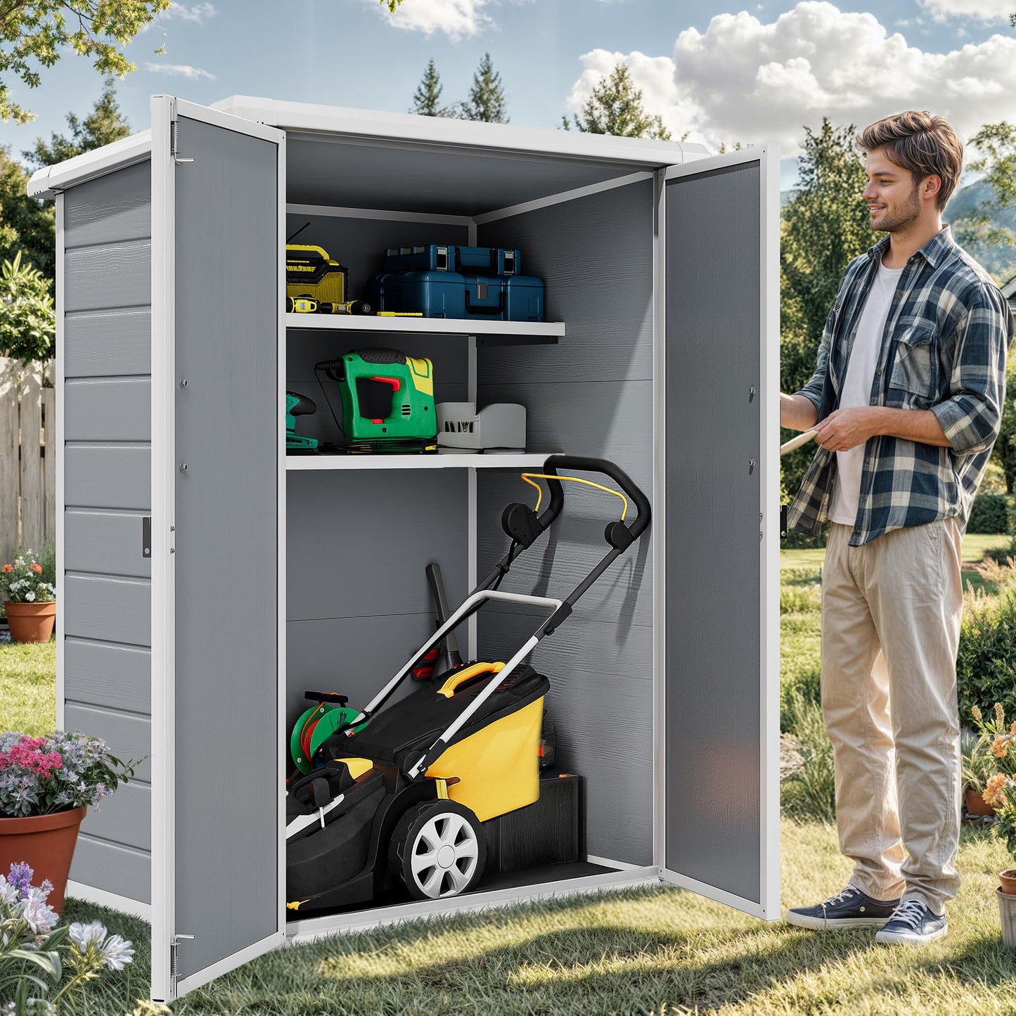 DWVO 5X3FT Outdoor Vertical Storage Shed with 2 Shelves, 60 Cu Ft Waterproof Resin Garden Shed with Floor & Lockable Door, Plastic Tall Tool Cabinet for Garbage Can, Lawn Garden Supplies, Gray