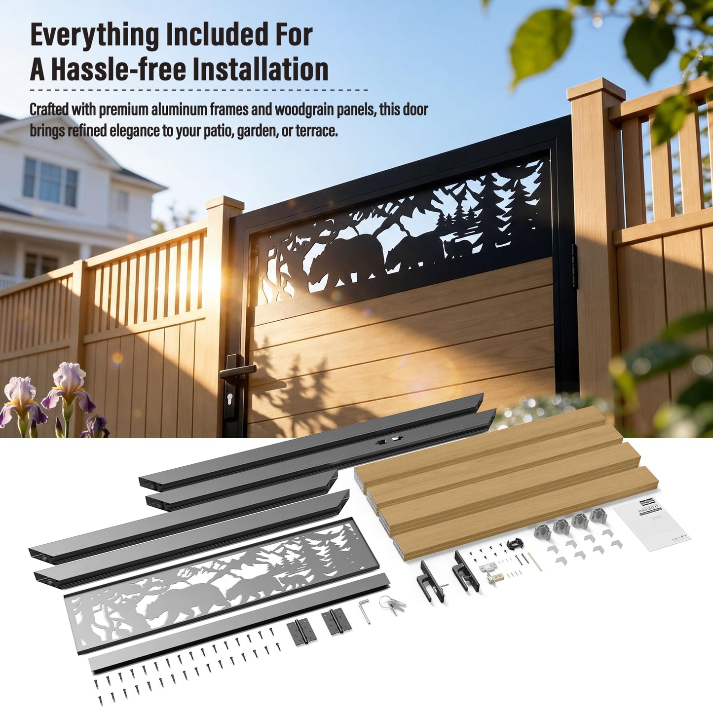 Brukid 4x5 FT Aluminum Fence Gate Kit Wood Grain Aluminum Gate with Decorative Cutout, Lock & Hinges, Left/Right Opening, Weather Resistant for Yard Garden Patio