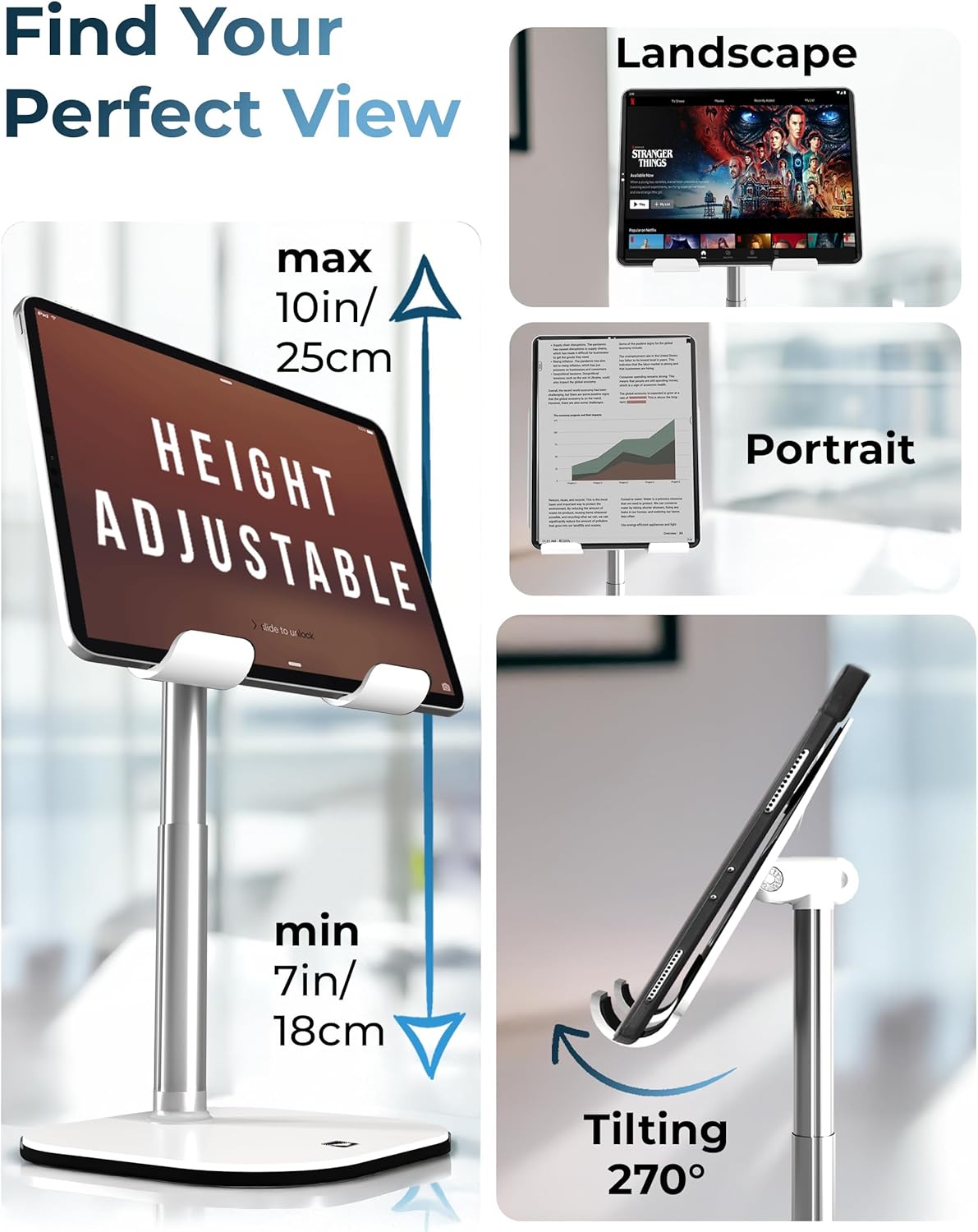 COOPER 7-10" 270 15.6-17" TabHolder, Height Adjustable Tablet Stand, Premium iPad Stand for Desk, Tilt iPad Holder