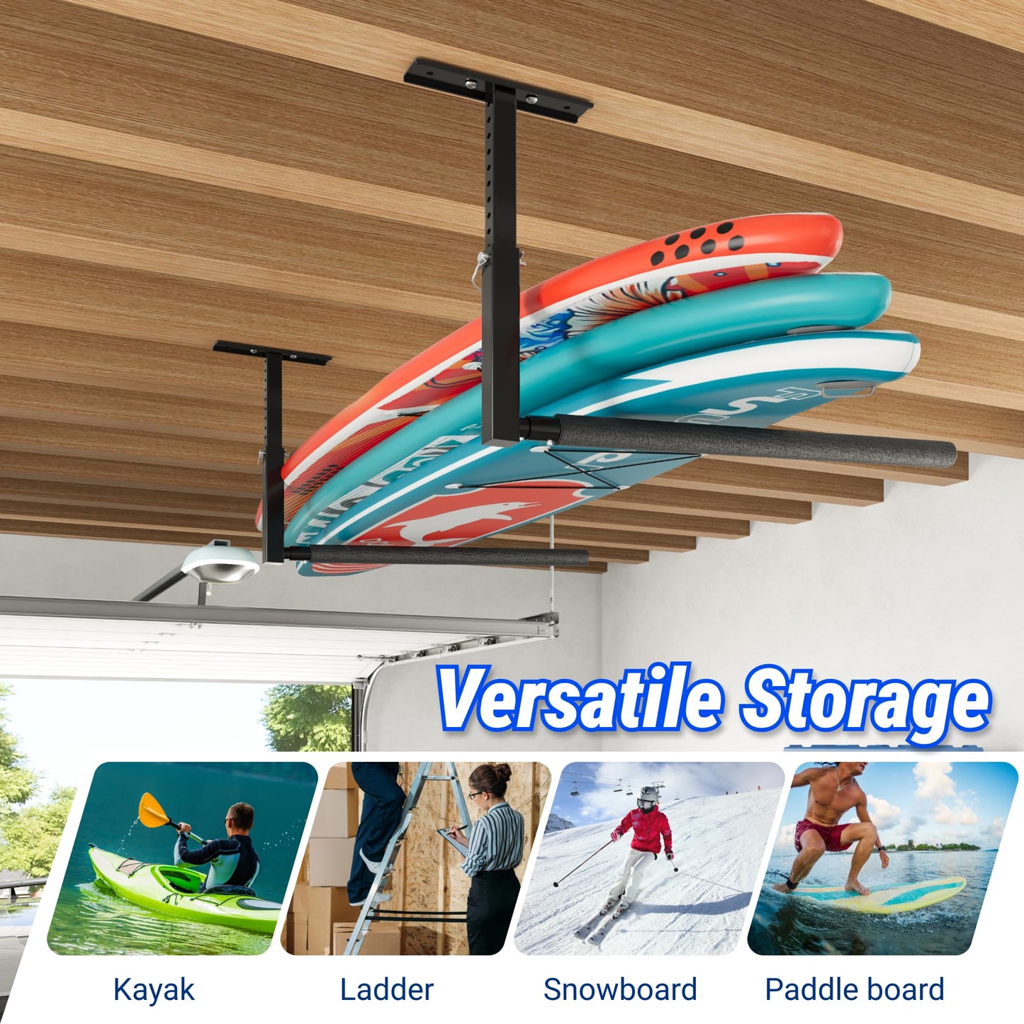 FLEXIMOUNTS Adjustable Overhead Ladder Rack, Garage Ceiling Storage Rack, Ladder Storage Organizer, 35" Extended Arms, 90 lbs Per Arm Heavy Duty Steel Rack for Kayak, Surfboard & Tools