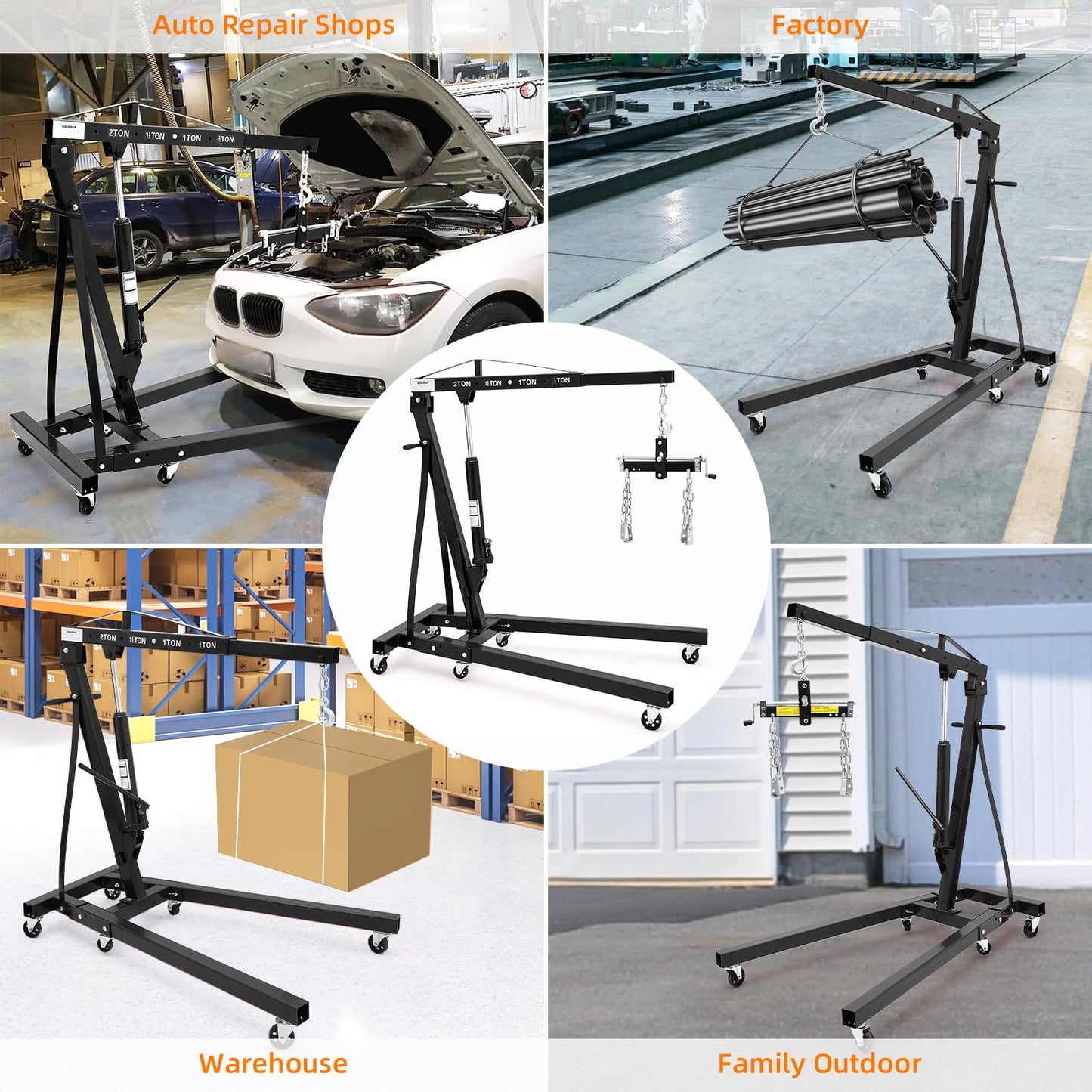 2 Ton Folding Hydraulic Engine Hoist with Lever, Folding Engine Shop Crane Hoist Lift, Heavy Cherry Picker with 6 Wheels for Garage, Workshop,Black