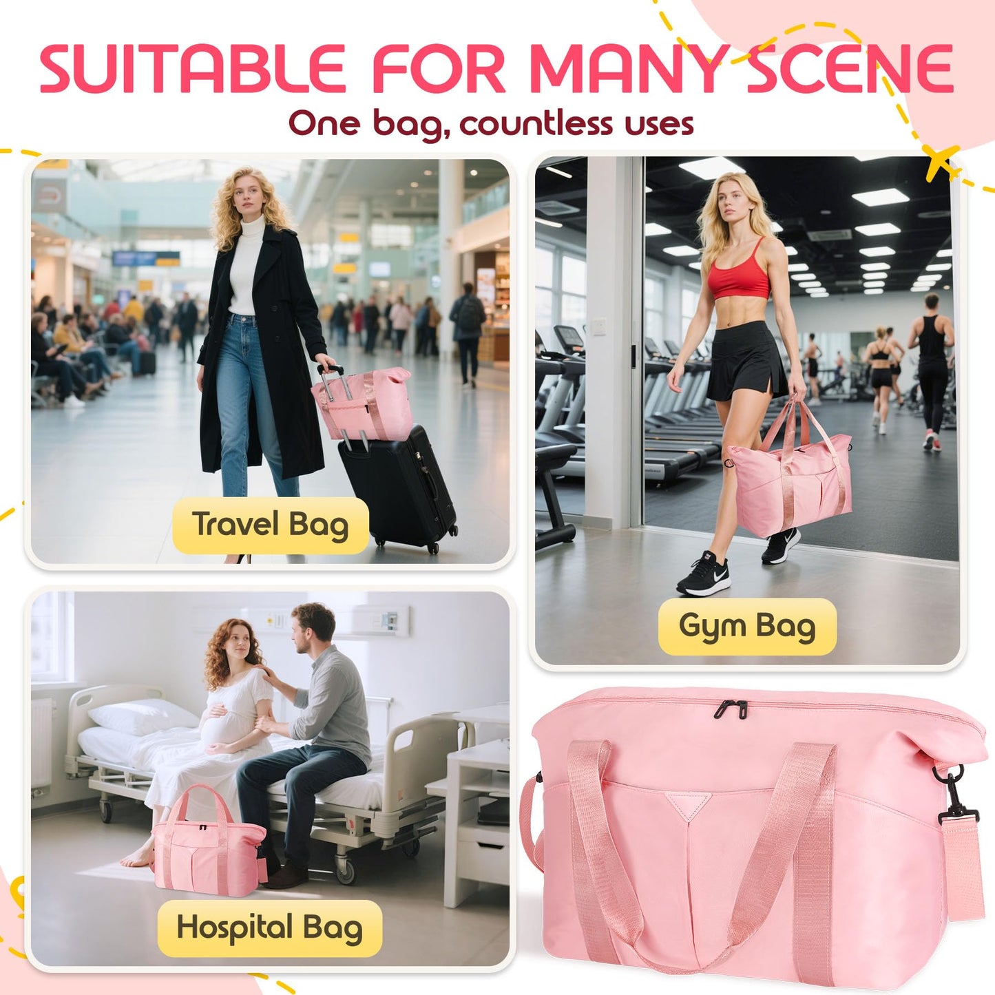 Magimack Duffle Bag for Travel, Carry-on Travel Bag with Trolley Sleeve, Sport Gym Bag for Women, Overnight Bag for Men, Hospital Bag for Labor and Delivery (Pink)