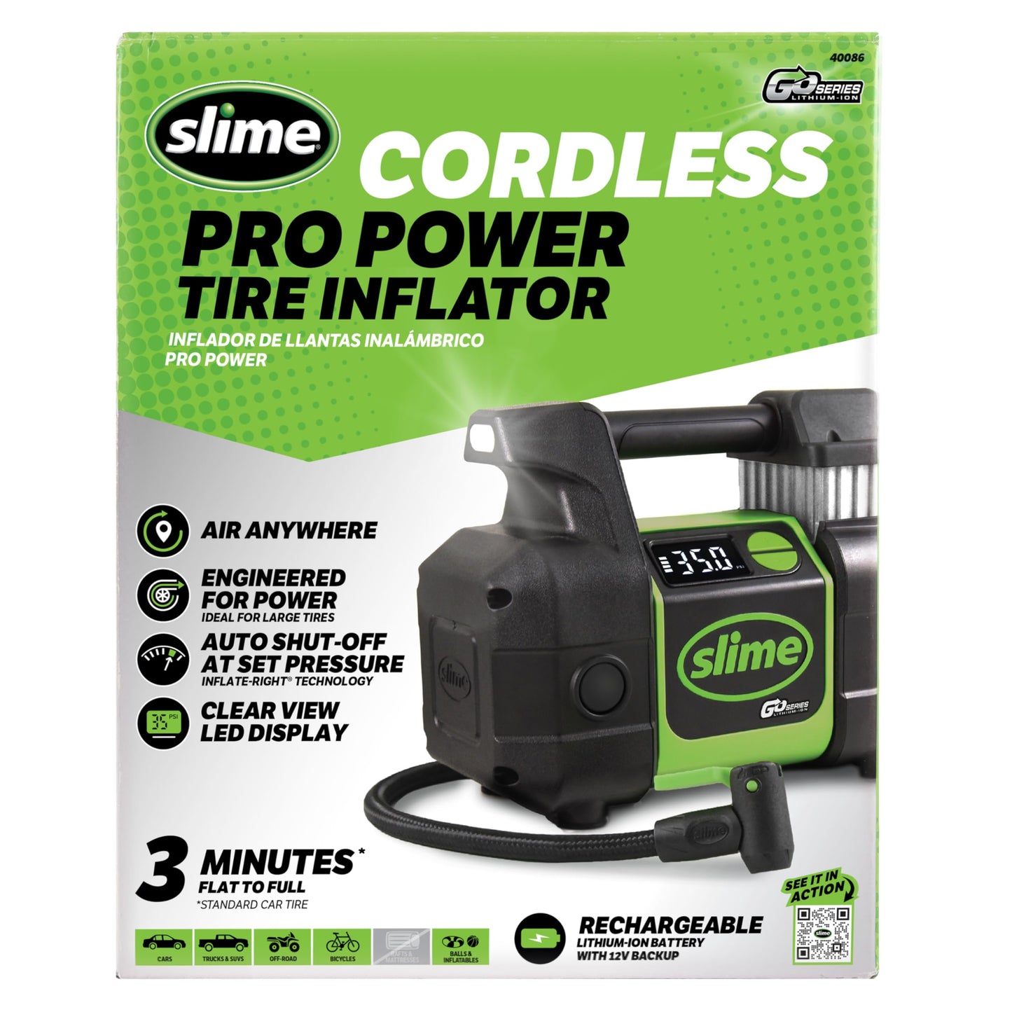 Slime 40086 Tire Inflator, Cordless, Pro Power, Portable Air Compressor Pump, Auto Shut-Off, Lithium Ion Battery and LED Light, Rechargeable, 3 min inflation