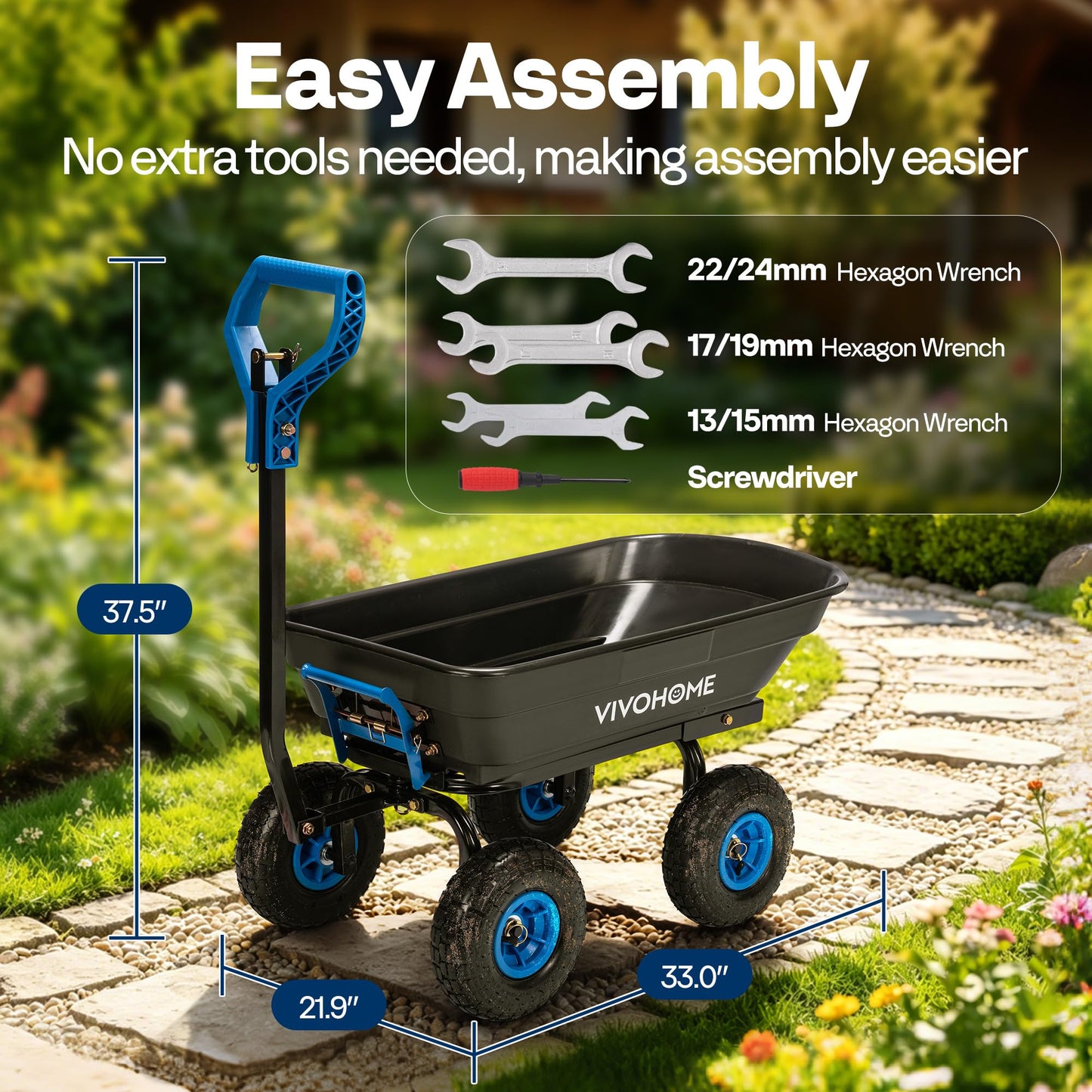 VIVOHOME 4 Cu.Ft 660lbs Wheelbarrow Garden Cart Dump Wagon with 2-in-1 Convertible Handle Attach to ATV or Tractor, 10" All Terrain Wheels, Quick Release Heavy Duty Utility Trailer for Yard-Blue