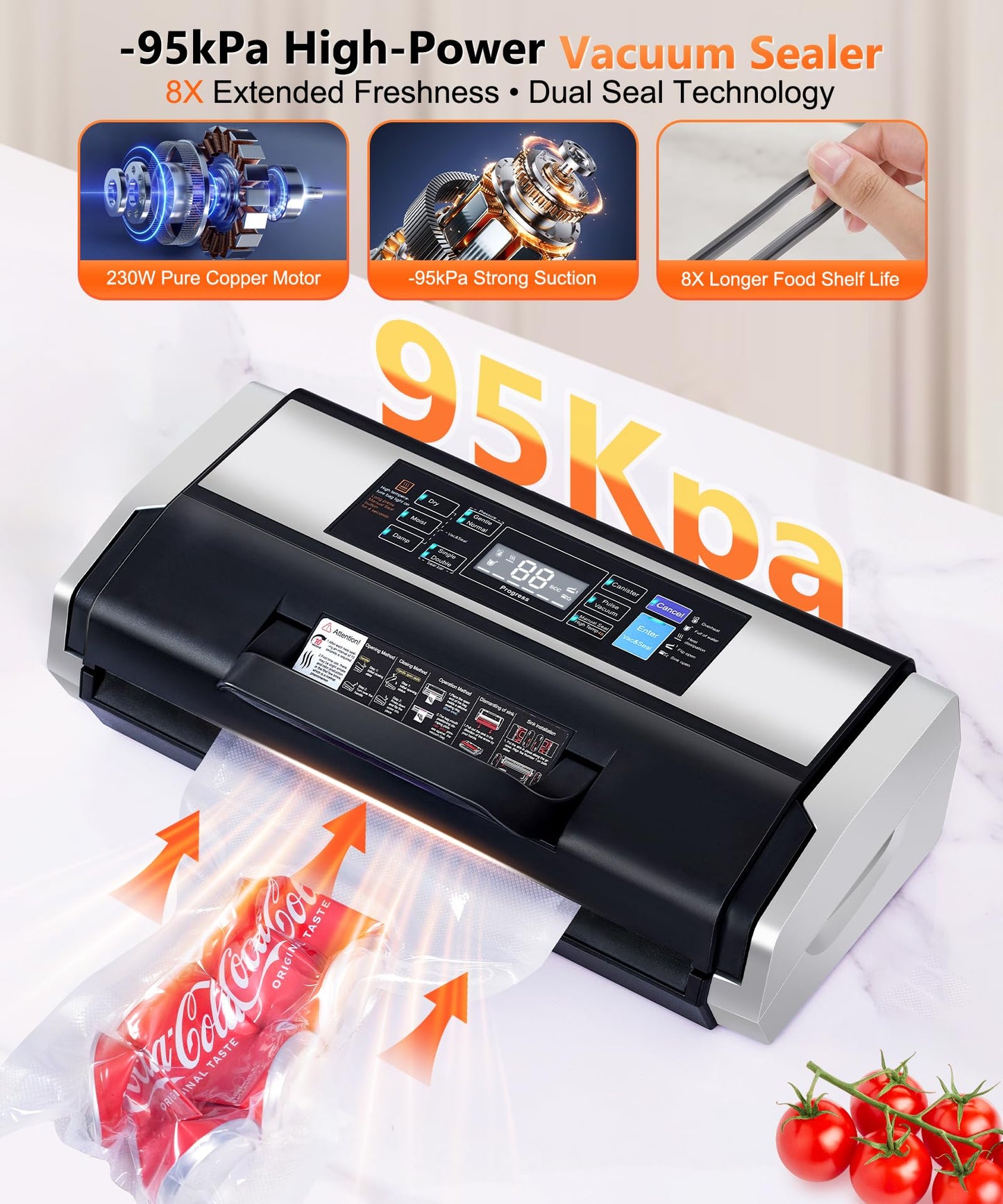 95KPa Vacuum Sealer Machine- Fully Automatic Commercial Food Sealer with 10-in-1 System, Double Heat Seal, Easy-Lock Handle & Built-in Cutter, Includes 1 Roll + 15 Bags (Black Silver)