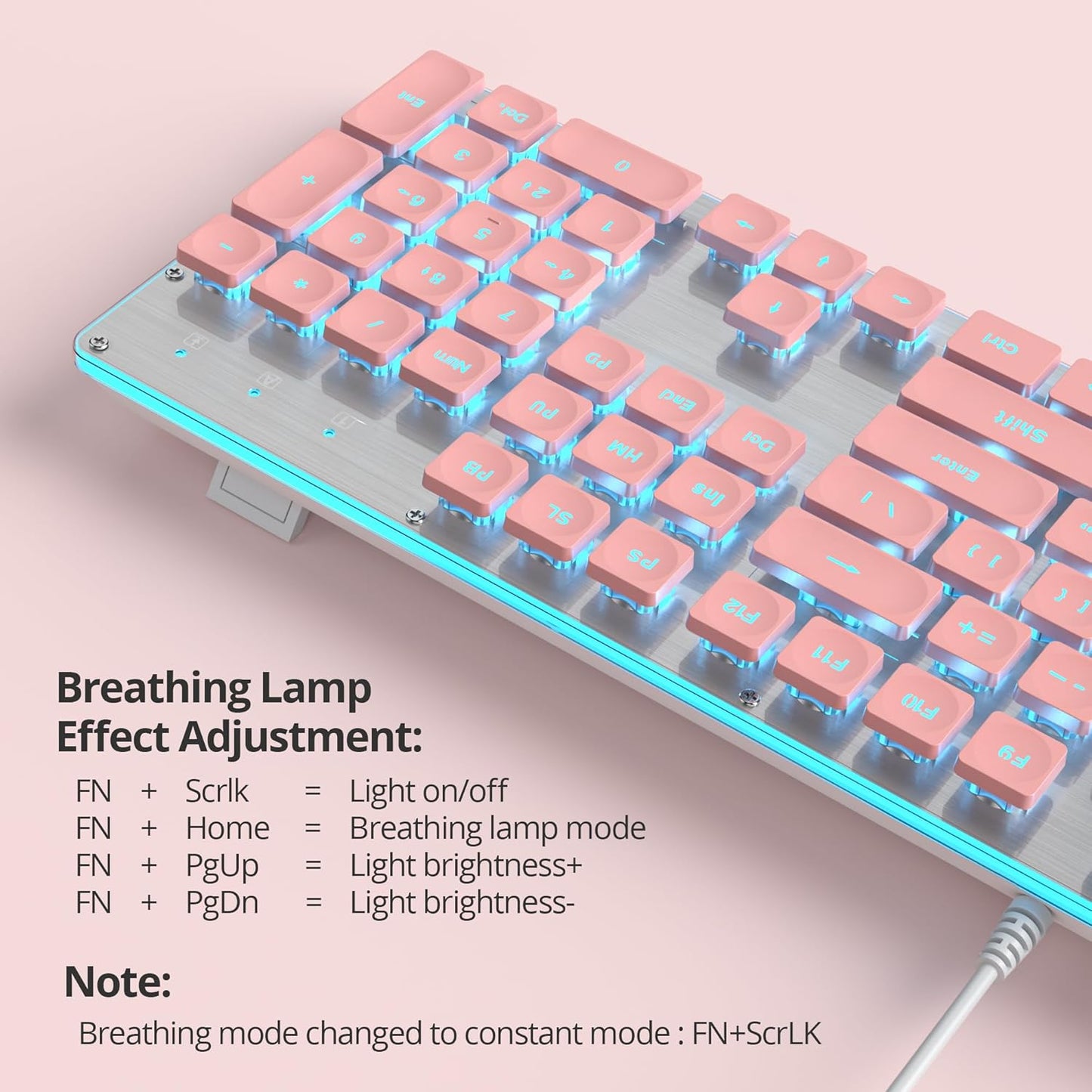 SbocKeeb 104-Key Retro Punk Keyboard - Full Size Typewriter Pink Keyboard with Square Keycap and LED Blue Backlight