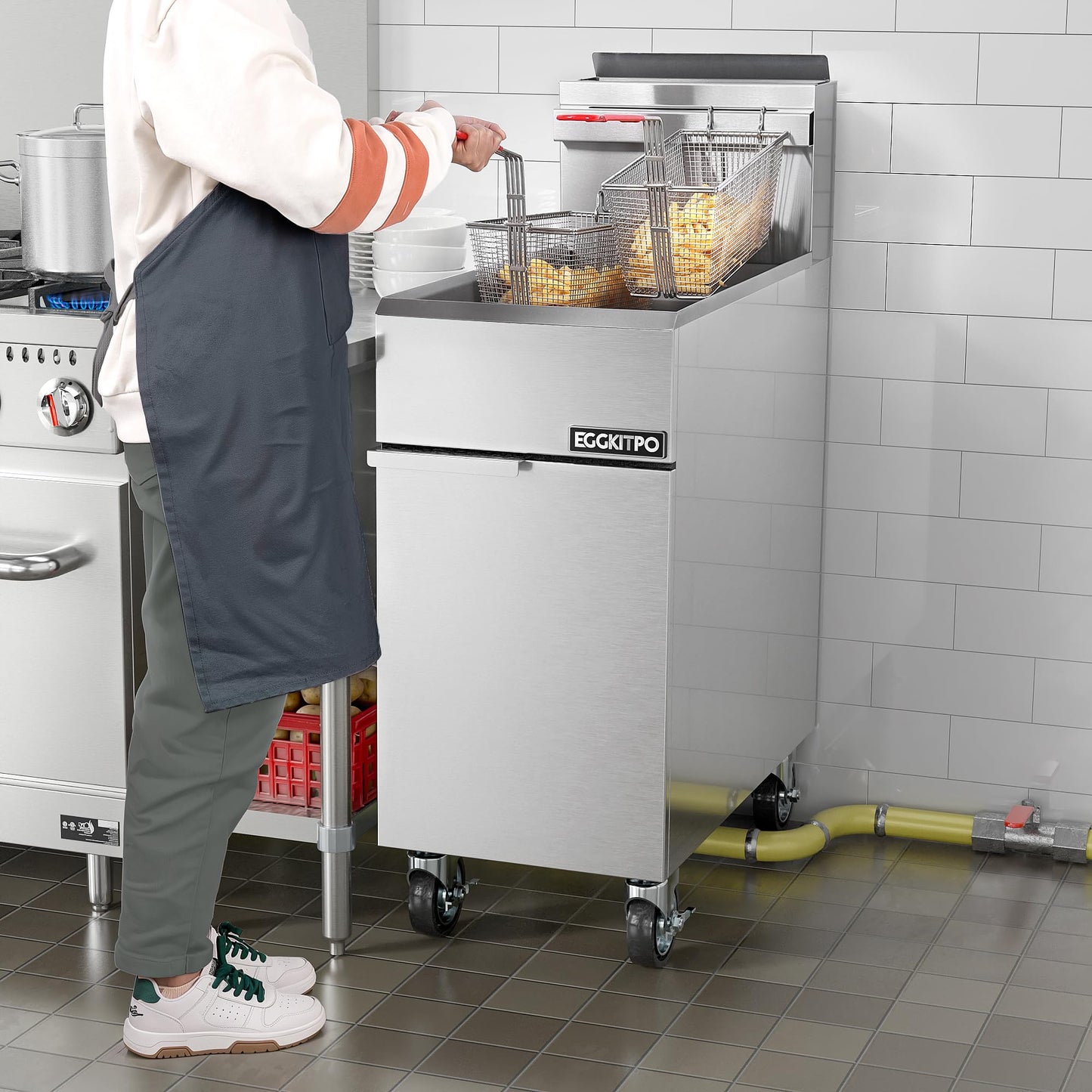 EGGKITPO (ECF3-NG) 40LB 90,000 BTU Natural Gas Fryer and 10L×2 Commercial Fryer with Timer and Basket Dual Tank Fryer(120v 3600w)