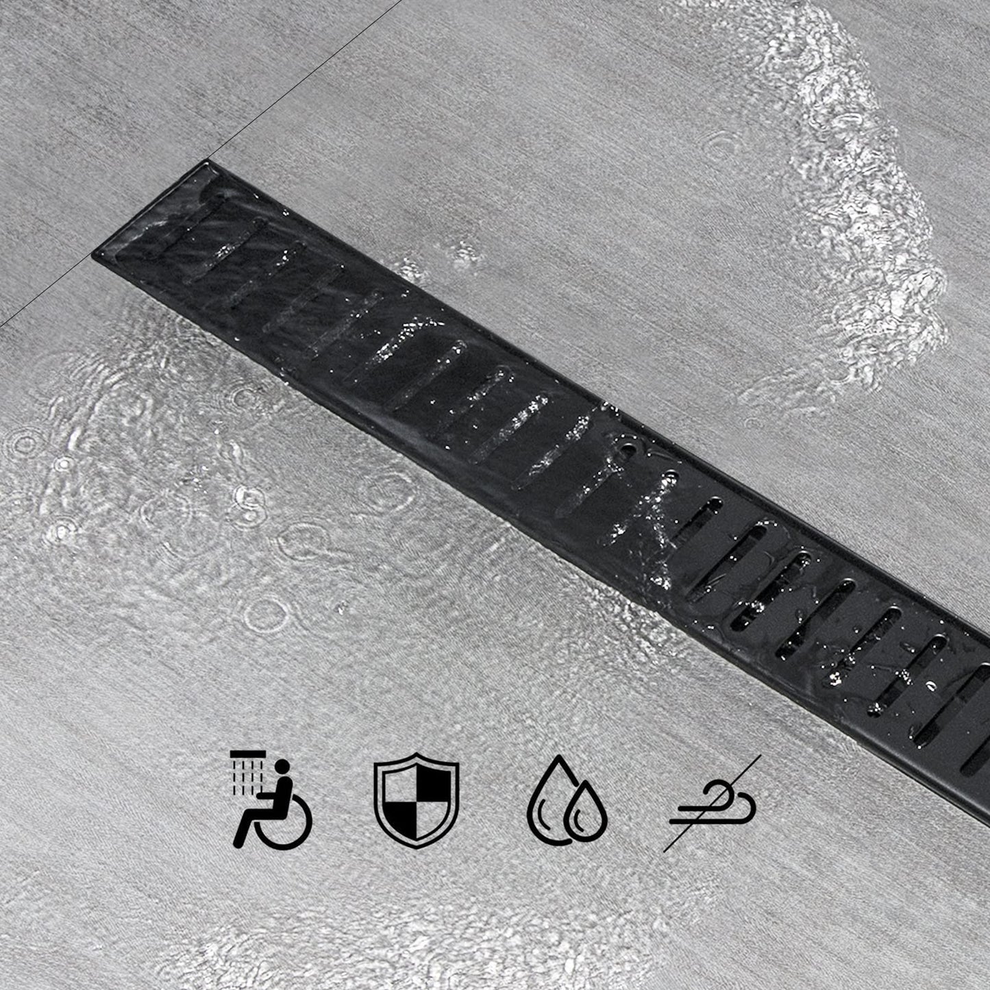 SaniteModar Linear Shower Drain 60 inch Matte Black with Removable Capsule Pattern Grate,Brushed 304 Stainless Steel Shower Drain Include Hair Strainer,Adjustable Leveling Feet