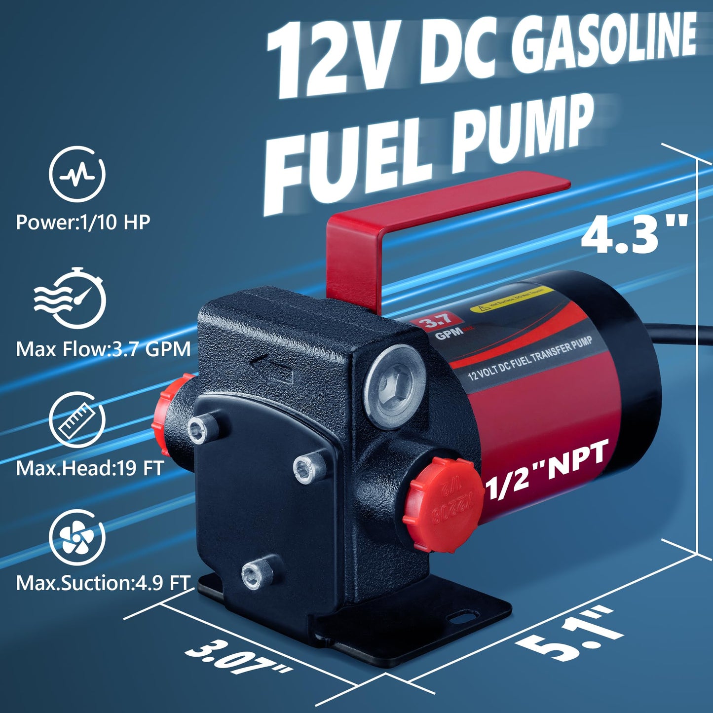 12V DC Gasoline Fuel Pump Kit, Self-priming Fuel Transfer Pump, Reversible Pumping, Overheat Protection, Explosion-proof, Suitable for Gasoline, Diesel, Mineral Oil, Kerosene