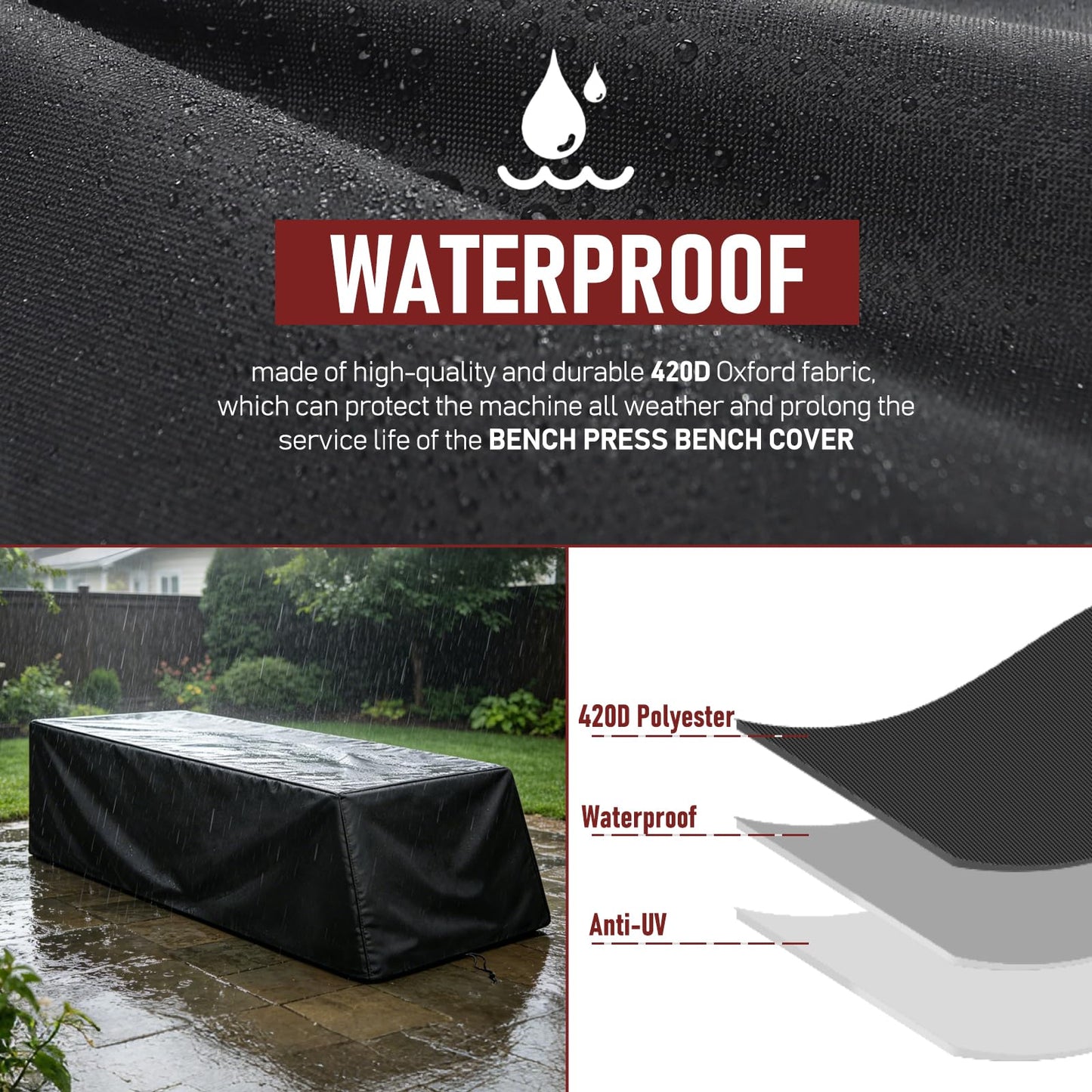 Weight Bench Cover Waterproof Heavy Duty Exercise Workout Bench Cover, Home Gym All-weather Protective Covers Fit for Sit-up Board Flat Lifting Benches and Fitness Equipment (52'' L x 60'' W x 21'' H)