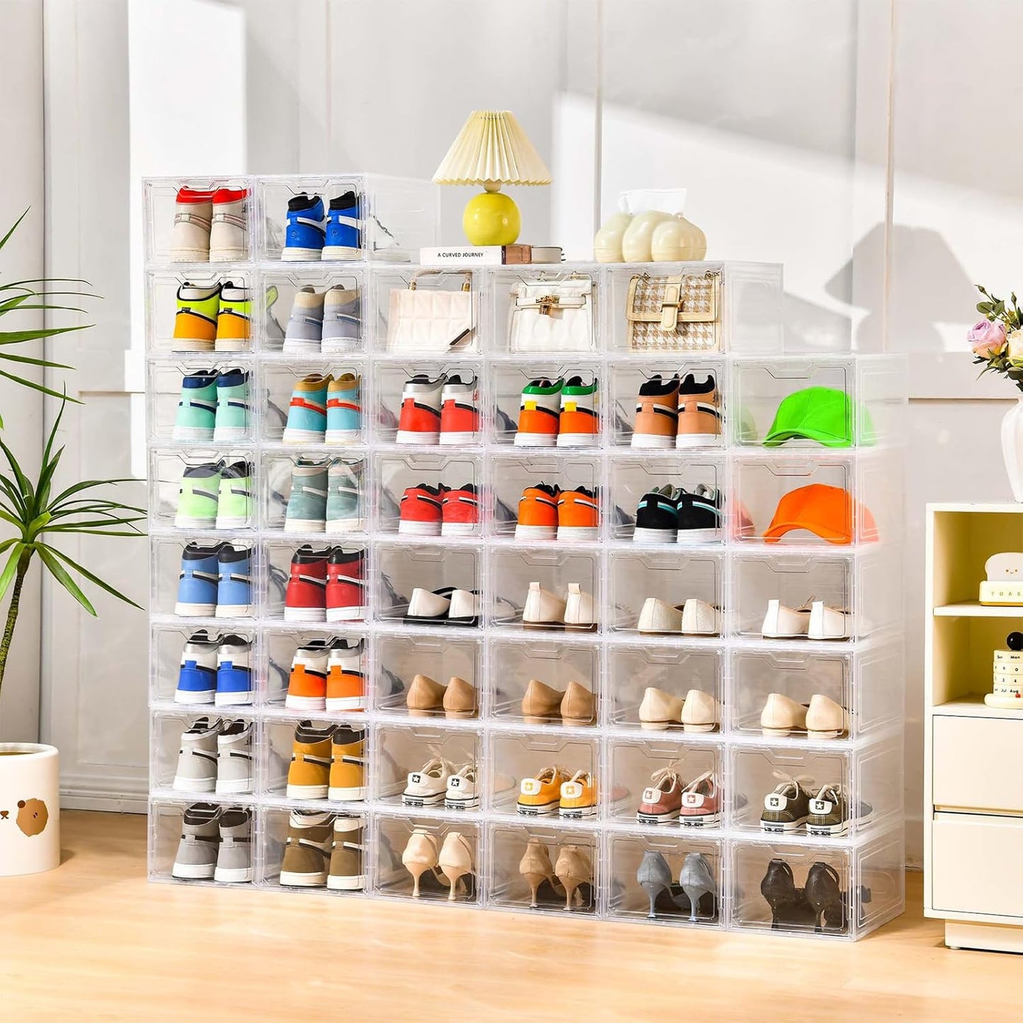 Skiennix Large Clear Shoe Boxes - Stackable Shoe Storage Organizer with Lids | Fits US Size 13