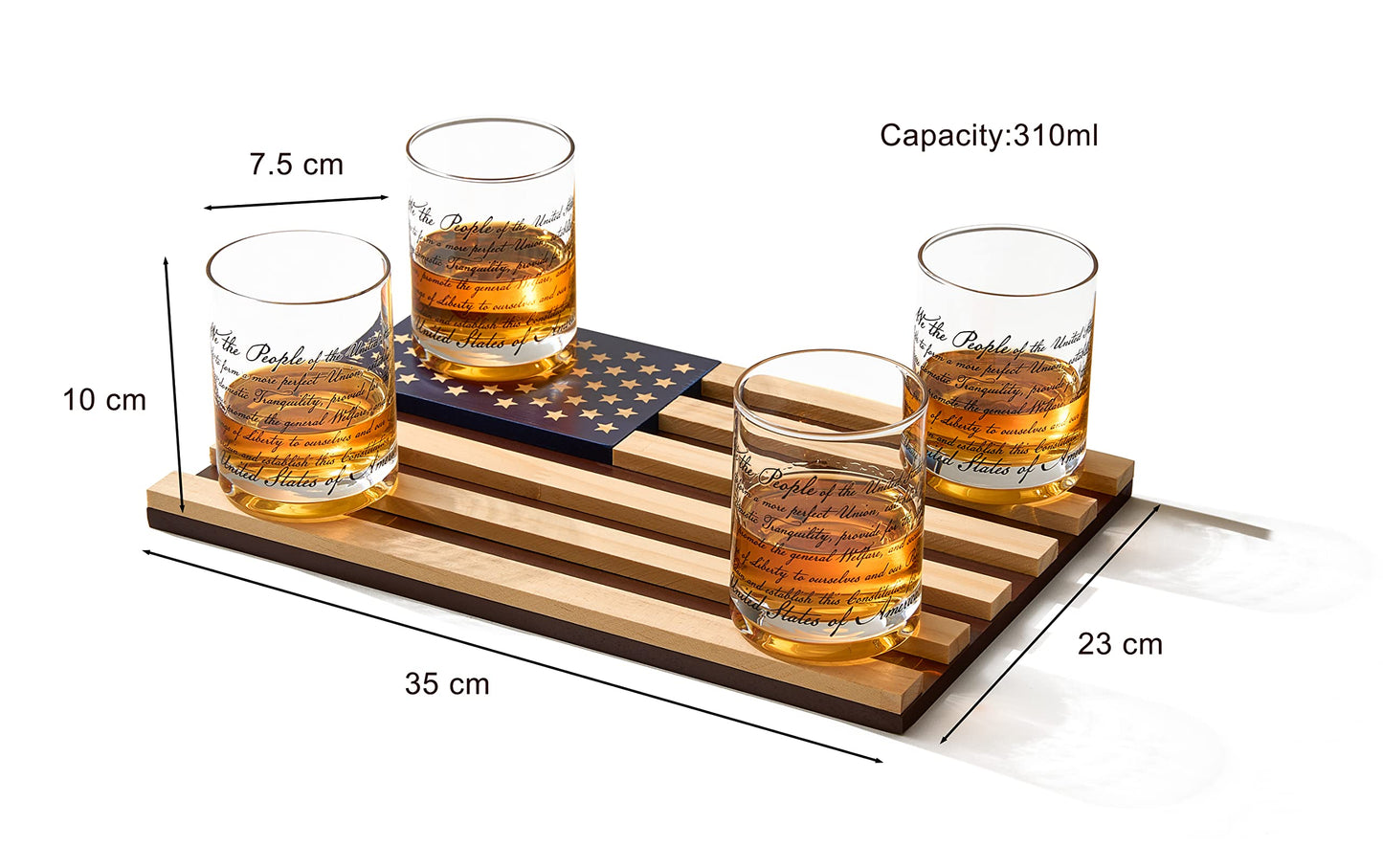 Whiskey Glasses – United States Constitution - Wood American Flag Tray & Set of 4 We The People 10oz America Glassware, Old Fashioned Rocks Glass, Freedom of Speech Law Gift Set US Patriotic