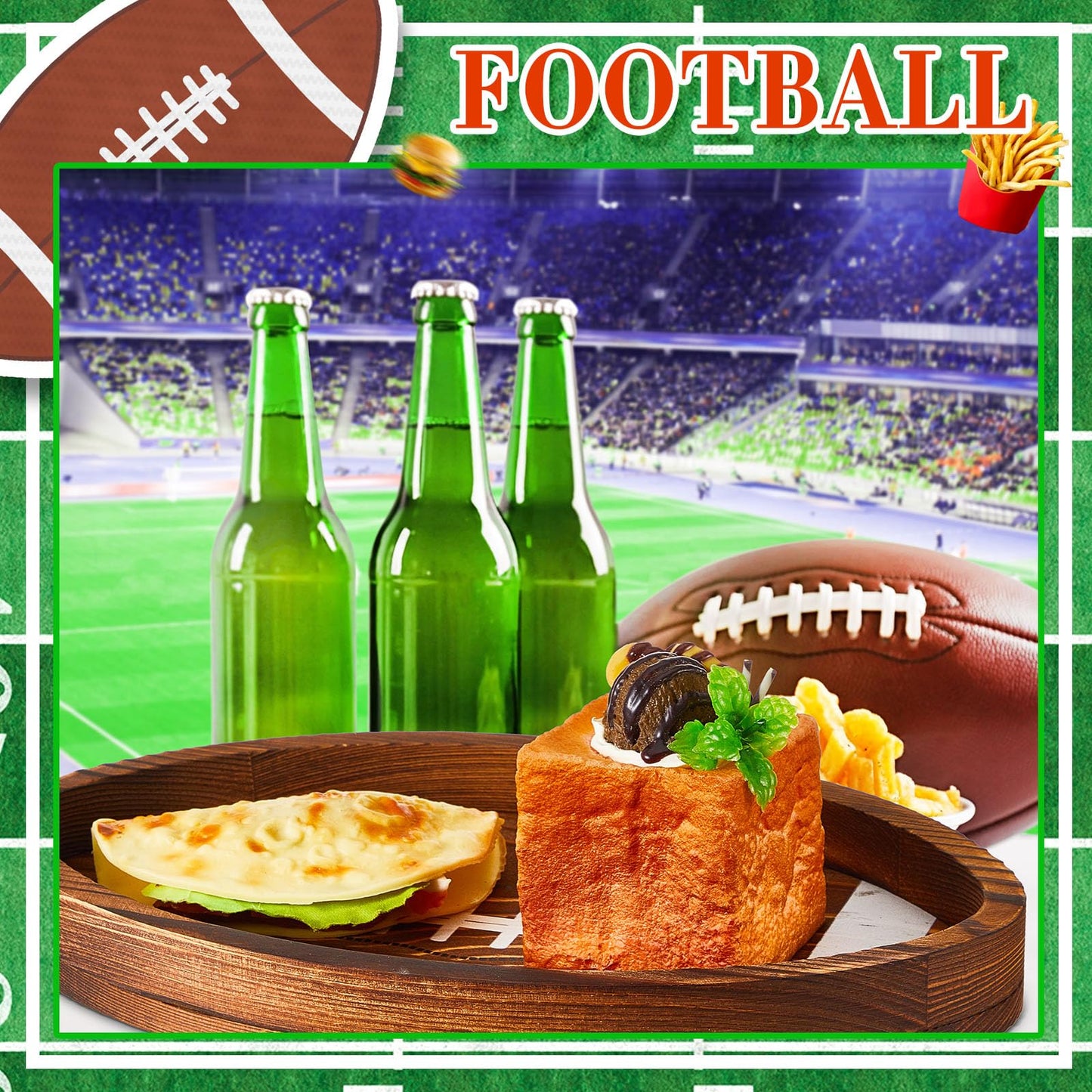 Geetery 3 Pcs Football Serving Trays and Platters Wooden Shaped Football Plates Soccer Serveware Tailgate Party Serving Platter for Game Party Decorations, 13'', 11'', 8.7''