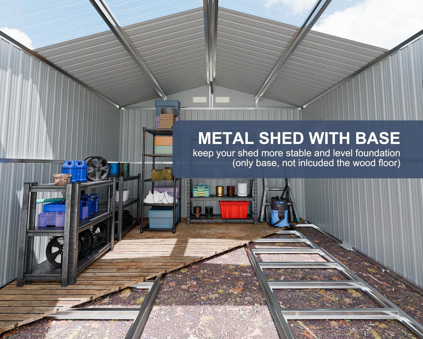WELYAS 10x10 FT Metal Outdoor Storage Shed with Unique Floor Base Clear Roof Window Lockable Double Door Vent Heavy Duty Reinforced Frame Waterproof Sheds for Garden Large Lawnmower Tool,Dark Grey