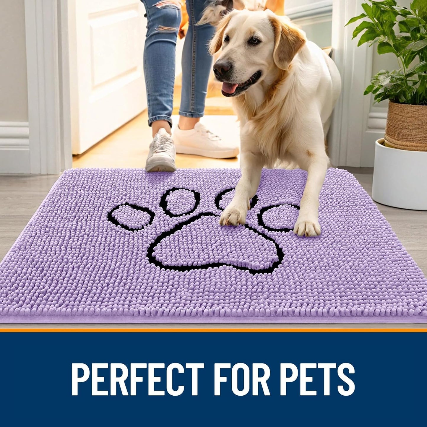 OLANLY Dog Door Mat - Absorbent Non-Slip Muddy Paws Design | 48x30 Lavender Chenille Doormat