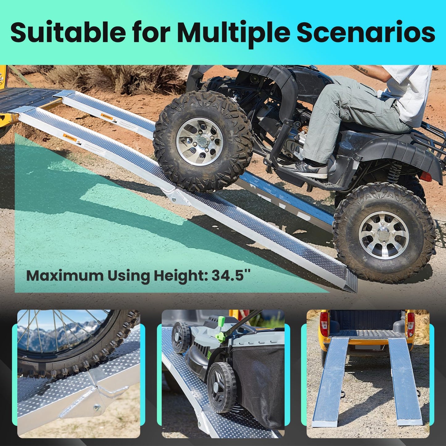 KOLOTOOL 7.5FT Aluminum Truck Ramps, 1500lbs Capacity Folding Loading Ramps, 2 PCS Heavy Duty ATV Ramps for Pickup Trucks, Trailers, Mowers, UTV & Motorcycles, with Load Straps and Carry Handle