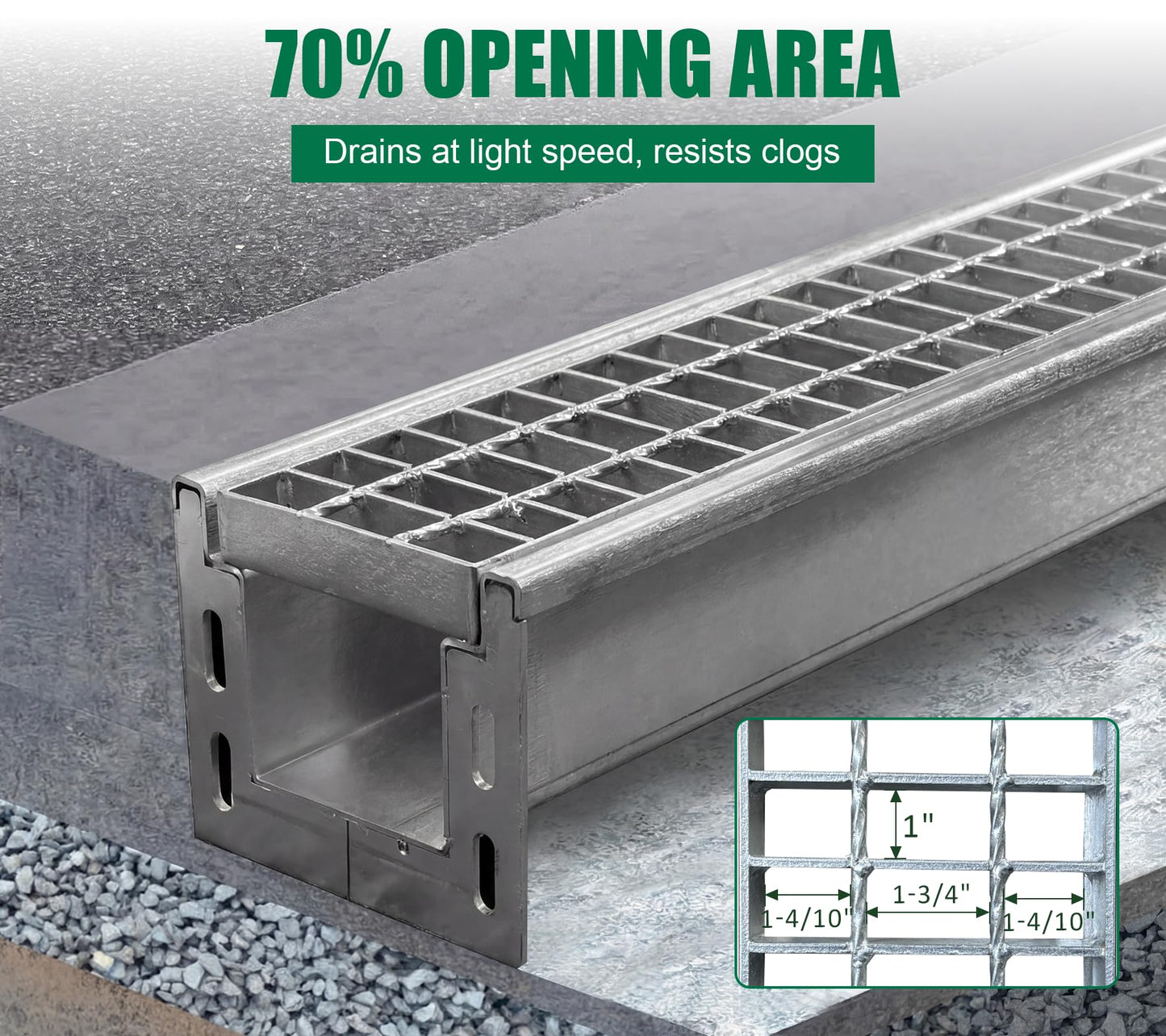 Natotela Driveway 304 Stainless Steel Channel Drain with Galvanized Steel Grate-39.4x7.1x6.3in B125 Heavy Duty Trench Drain System,3 Pack Total Length 118.2in,Metal Drainage System for Garage