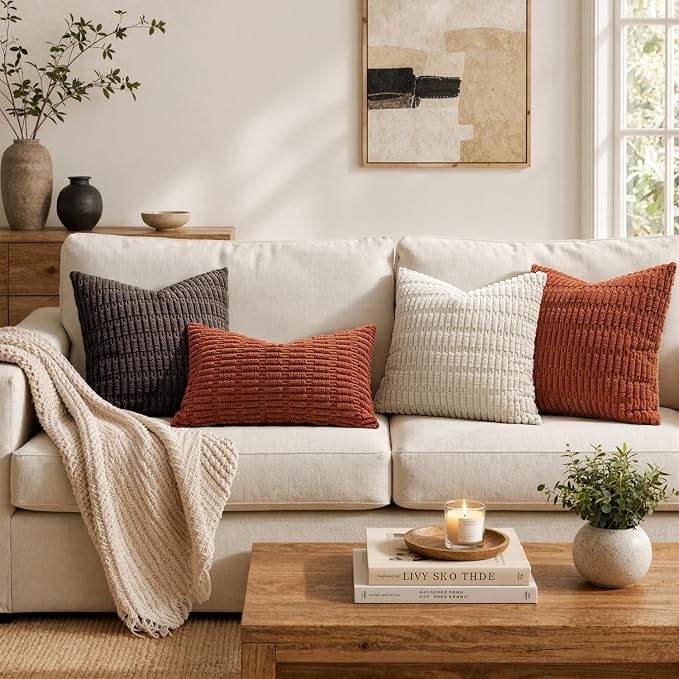 MIULEE Pack of 2 Corduroy Decorative Throw Pillow Covers 18x18 Inch Soft Boho Striped Pillow Covers Modern Farmhouse Home Decor for Sofa Living Room Couch Bed Rust
