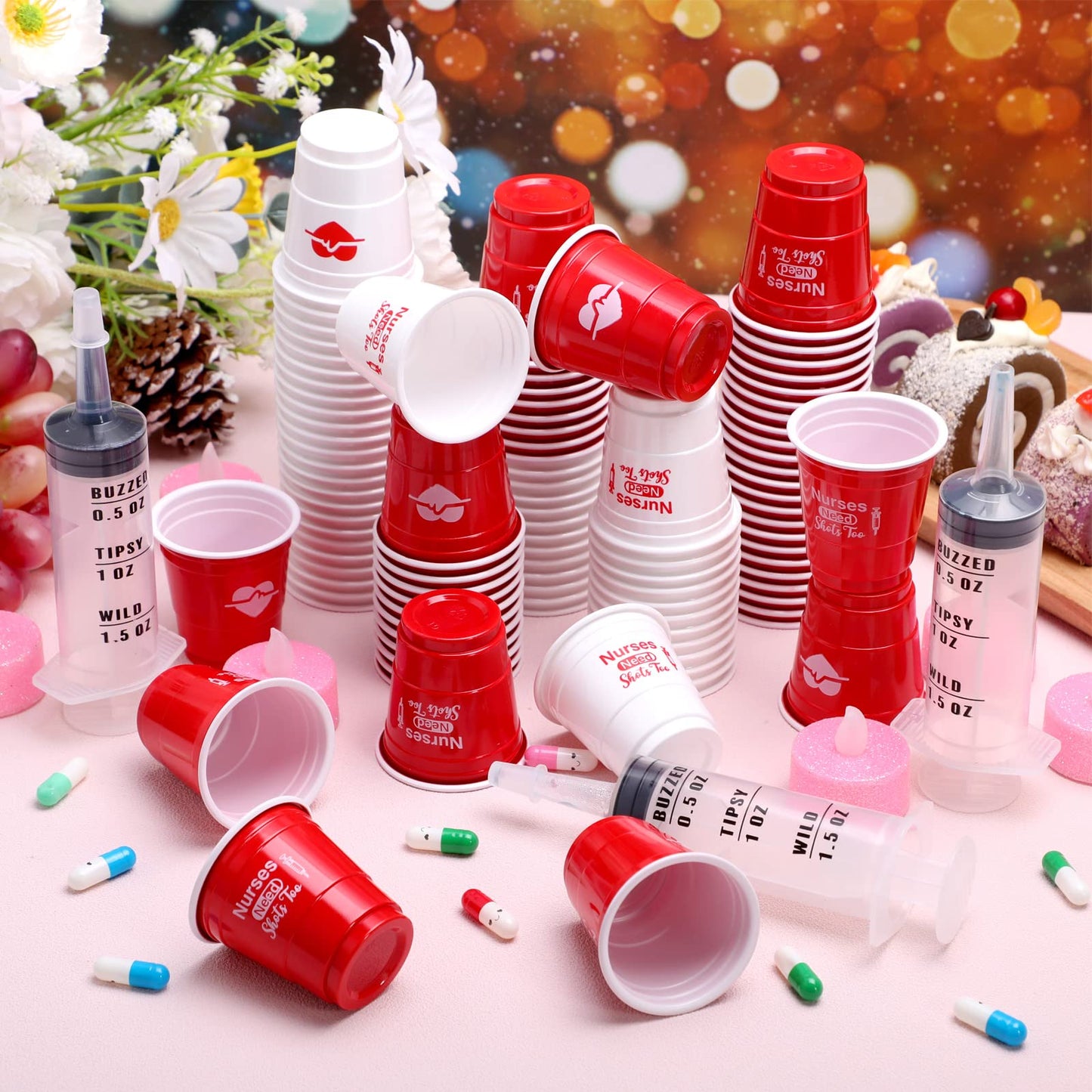 Lounsweer 100 Pcs Nurses Need Shots Too Mini Plastic Shot Glasses Nurse's Day 2 oz Small Plastic Cups Disposable Shot Cups for Nurse Birthday School Graduation Party Favors, Red, White