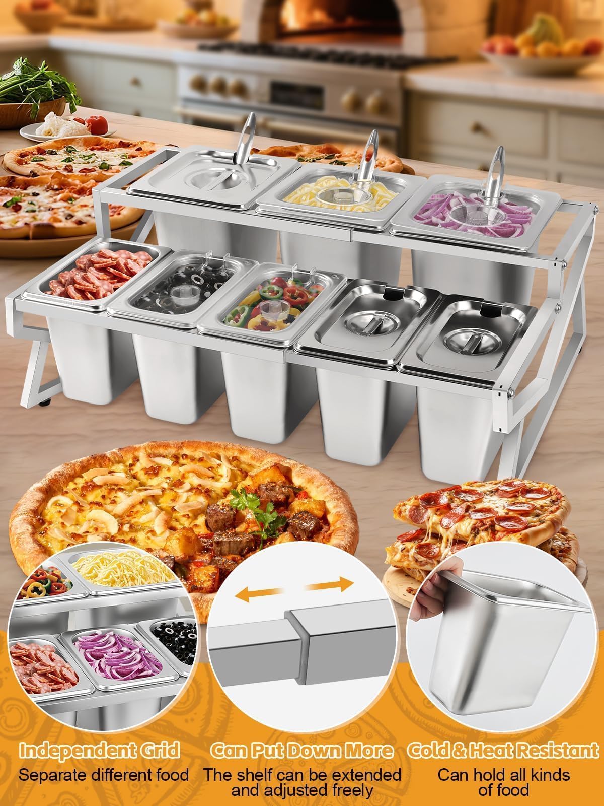 Kalolary 8 Pans Pizza Topping Storage Station, 2 Row Adjustable Stainless Steel Condiment Containers with Lids Spoons Ice Food Serving Display Container Salad Bar Buffet Station for Home Kitchen