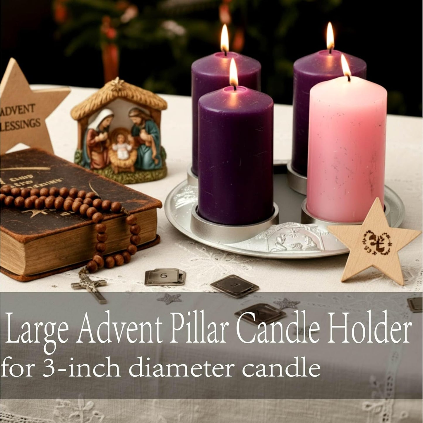 Shellwei Advent Wreath Candle Holder - Metal Nativity Scene Design for Christmas Centerpiece Decor | Fits 3-Inch Pillar Candles