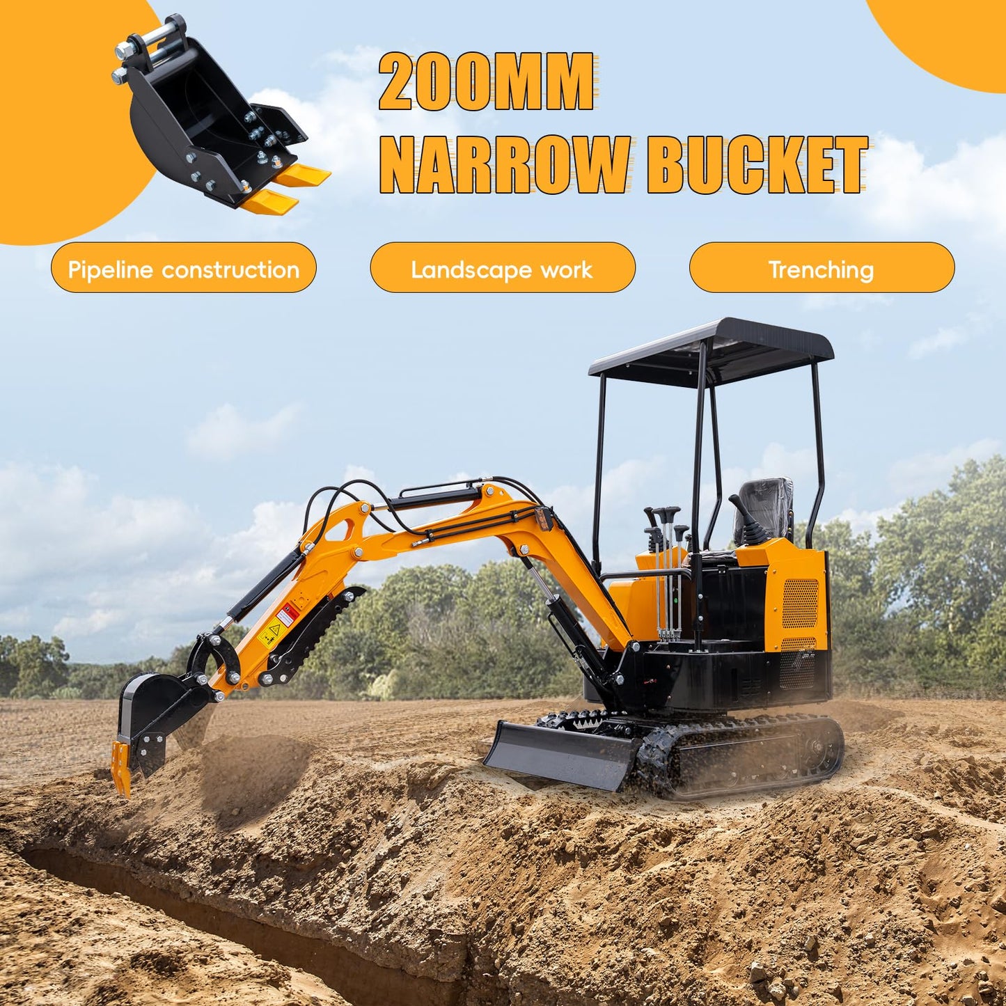 MMS 7.87in/200mm Mini Excavator Attachment, Narrow Backhoe Bucket, Manganese Steel Trench Digger Bucket with Metal Teeth, Suitable for 0.8-1.8 Tons Mini Excavators Digging Soil, Landscaping Work