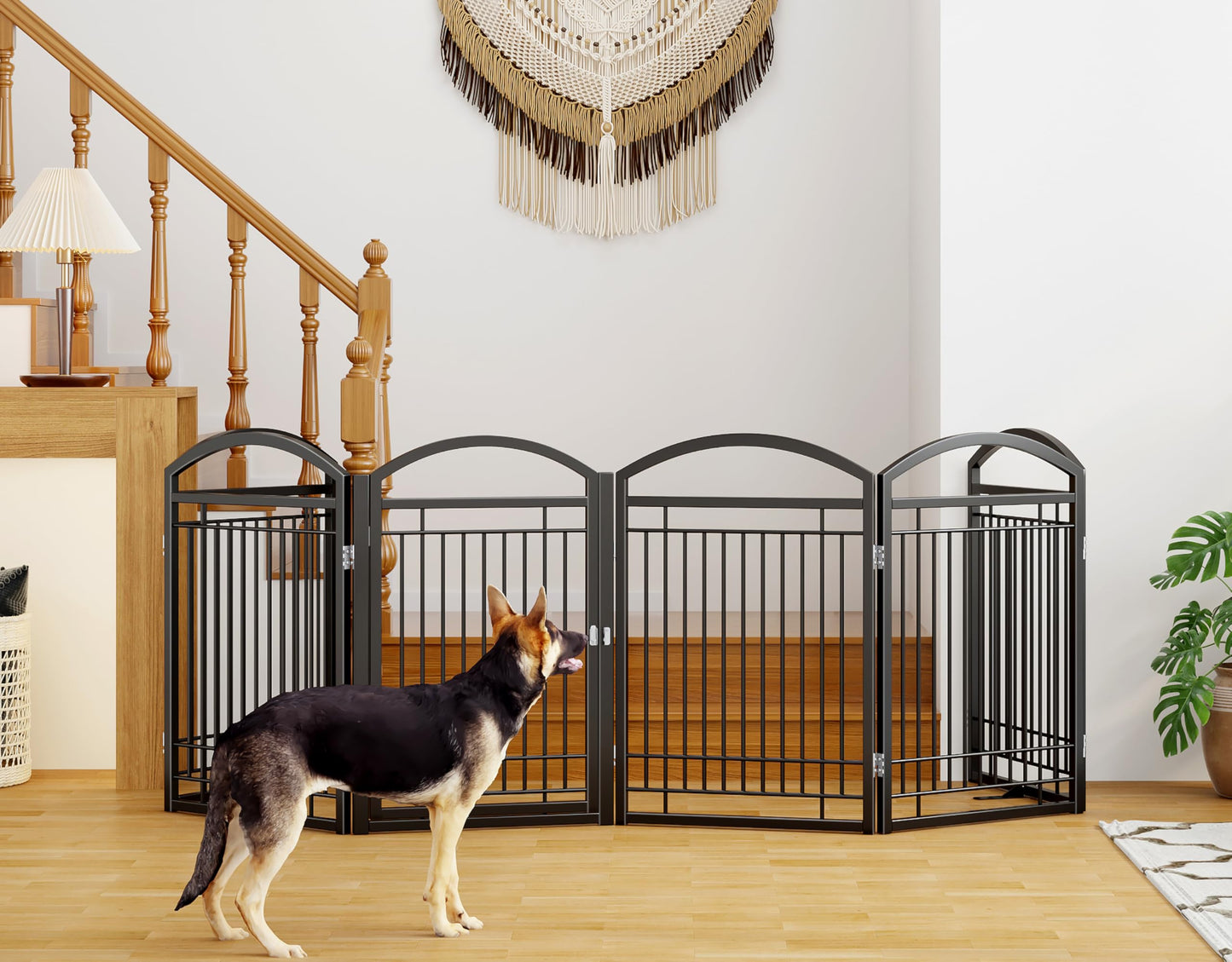 THKKY Folding No-Assembly Metal Freestanding Dog Gate with Door Walk Through,32" Height Pet Fence,144" Extra Wide Accordion Puppy Folding Playpen for Doorways,House,Stairs (6 Panels,Black)