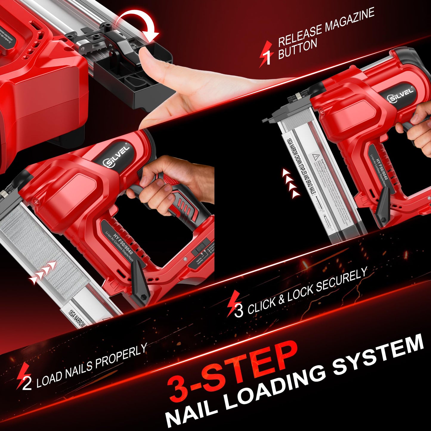 SILVEL 2" Cordless Brad Nailer, 2-in-1 21V Electric Brad Nailer with 2 * 2.0Ah Battery, 1000pcs Nails, 18GA Staples, Adjustable Depth for Woodworking, Home Improvement, Red