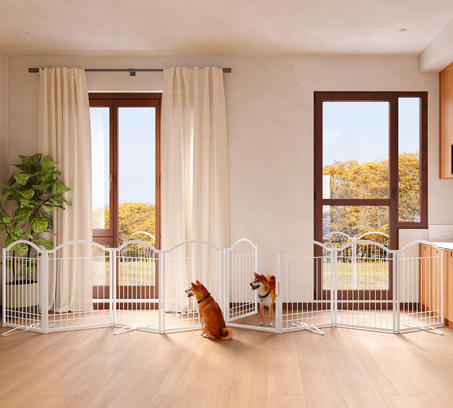 4NM Metal No Drilling Expandable Dog Gate, Extra Wide 192", Extra Tall 32" Free Standing Pet Gate with Door, Gates for Dogs Outdoor or Indoor, with 4PCS Support - White