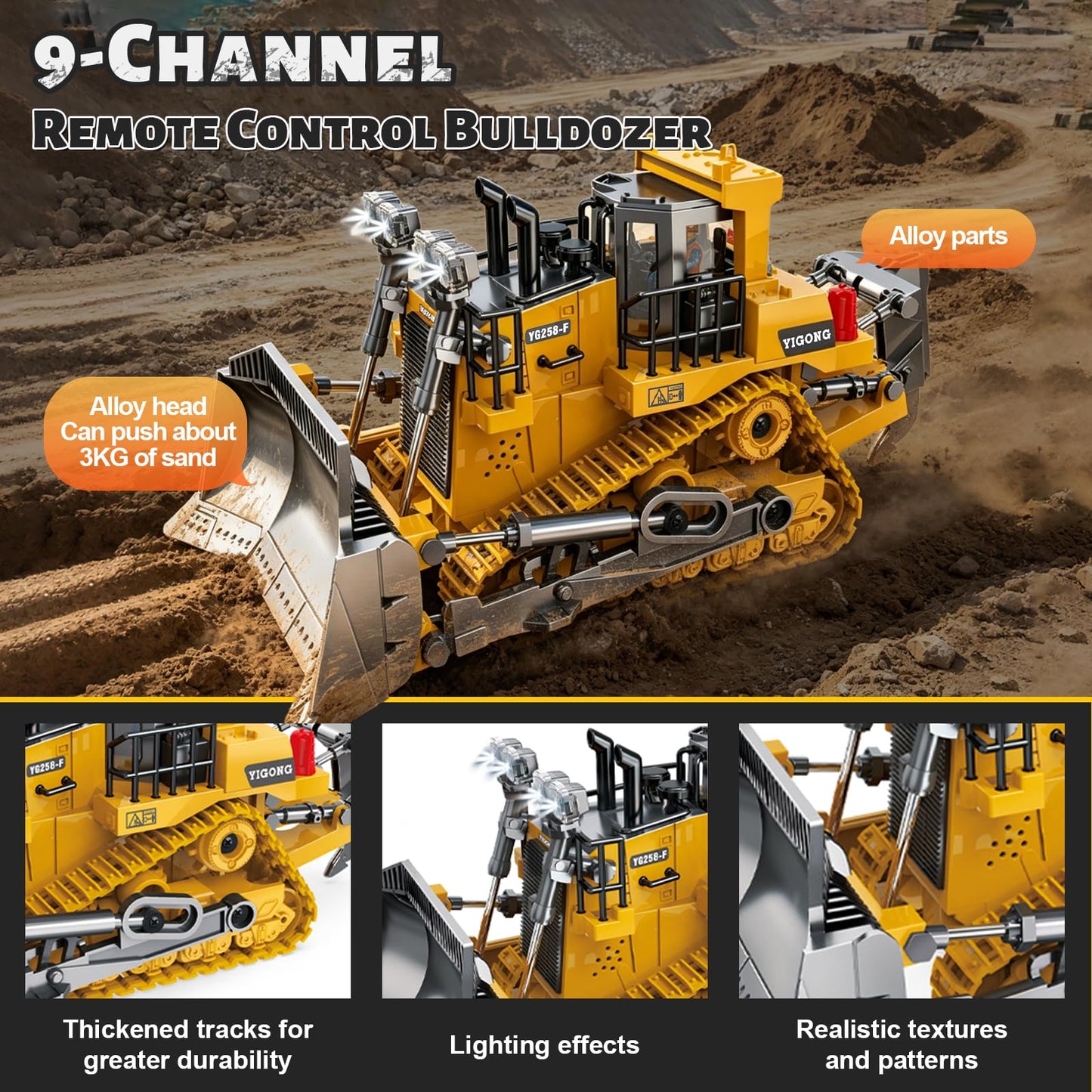 ADTHLIER Remote Control Excavator (11-Channel), Dump Truck, Bulldozer, Loader (9-Channel), 2.4GHz Remote Control Construction Vehicles, Metal Construction, with Cool Lights and Sound Effects, 4-Pcs