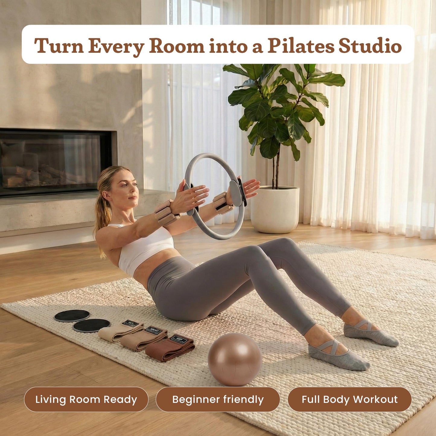 Prospervere Premium Pro Pilates Kit – 15 inch Pilates Ring and Ball Set w/ 1lb Ankle Weights, Fabric Resistance Bands, Sliders, Yoga Socks & Gym Bag – Mocha Drive (Brown/Gray)