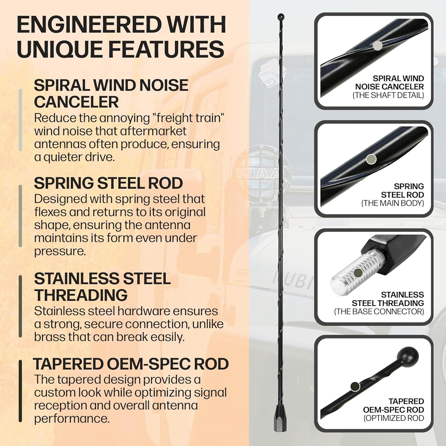 Votex 15 Inch - Black Antenna - Spiral Wind Noise Cancellation - Spring Steel Construction - Stainless Steel Threading