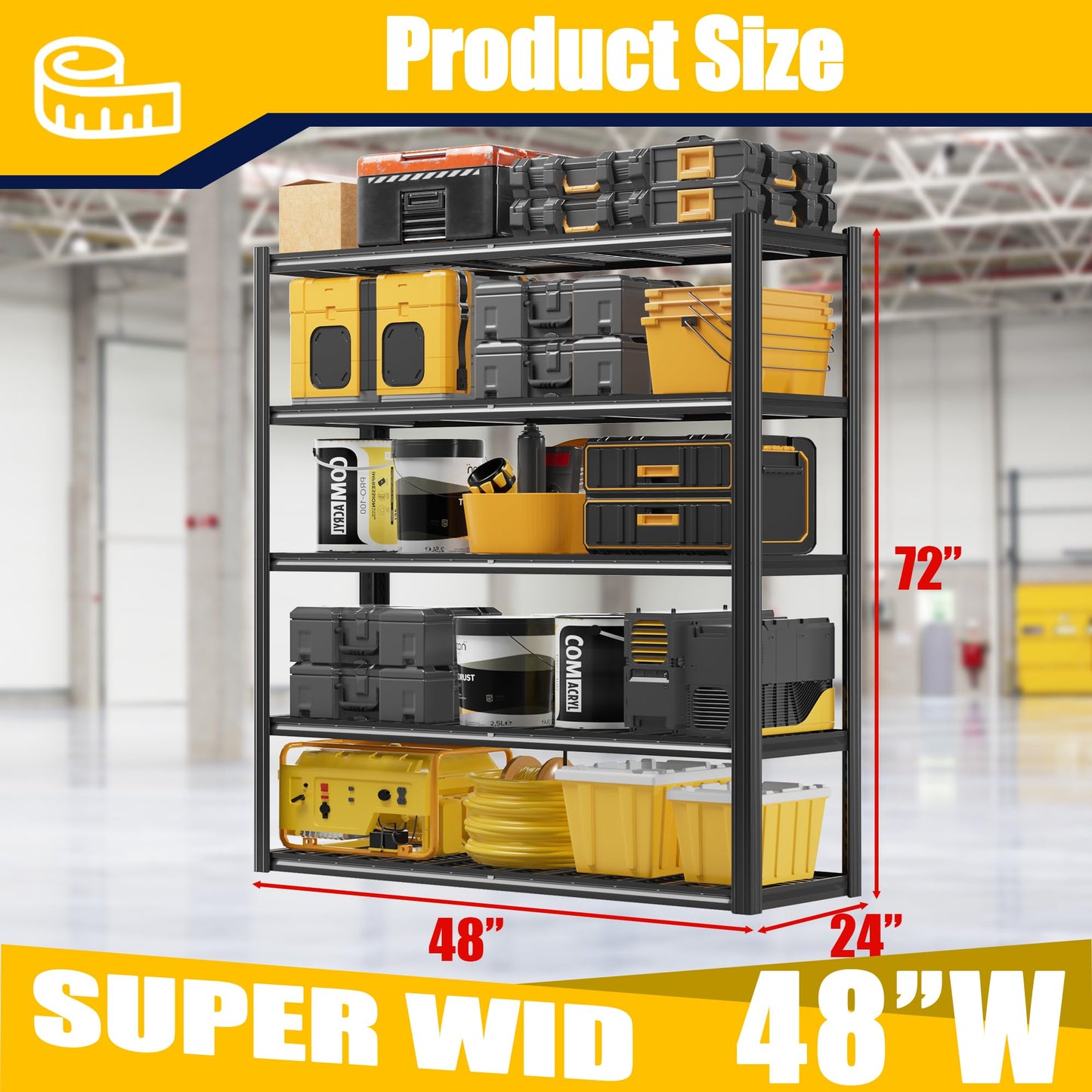 Durstruct 5 Tier Heavy Duty Metal Storage Rack, 48”W x 24”D x 72”H, Adjustable Shelving Unit with 3000 LBS Total Load Capacity, for Warehouse, Garage, Kitchen, Bathroom,Industrial