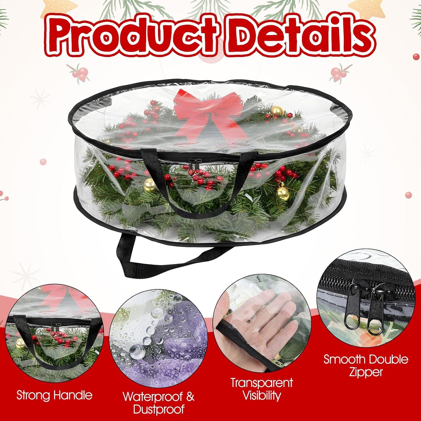 Regine Switzerland Wreath Storage Bags - 5 Pcs Waterproof PVC Containers for 24 x 8 Inch Christmas Wreaths | Black