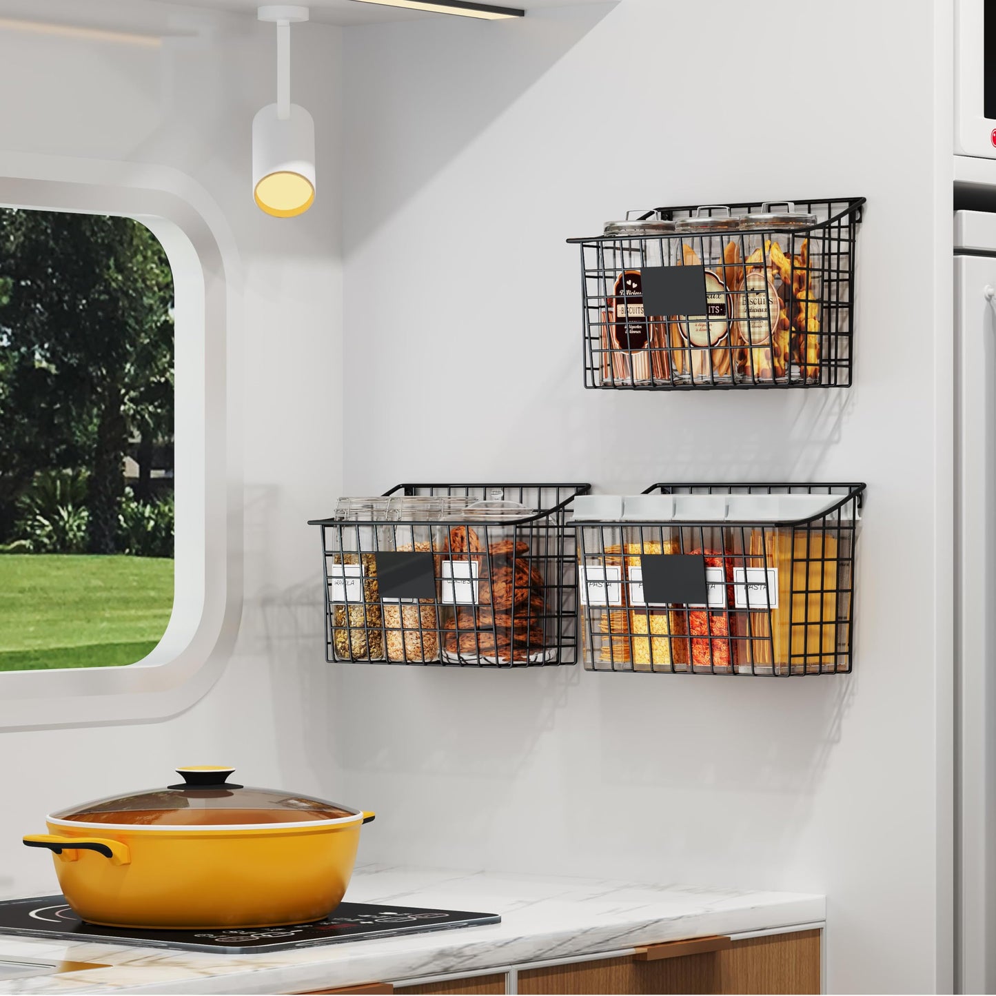 Wall Mounted Bin Basket with 5 Hooks 3 Label Plate Adhesive-3 Pack, Cabinet Hanging Metal Wire Basket,Rustic Farmhouse Decor, Storage Organization Shelf for Pantry Kitchen Bathroom 10.6*7.5*5.1inch