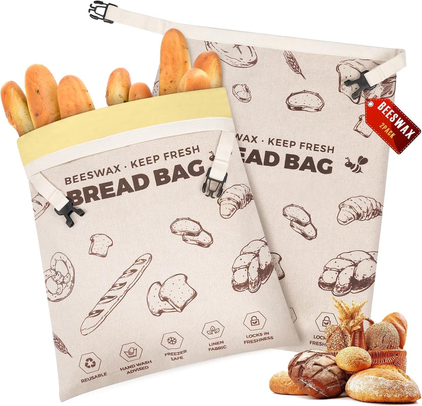 YARRAMATE Beeswax Bread Bags - Reusable Linen Food Storage for Fresh Homemade Sourdough | Large 17x13" (2 Pack)