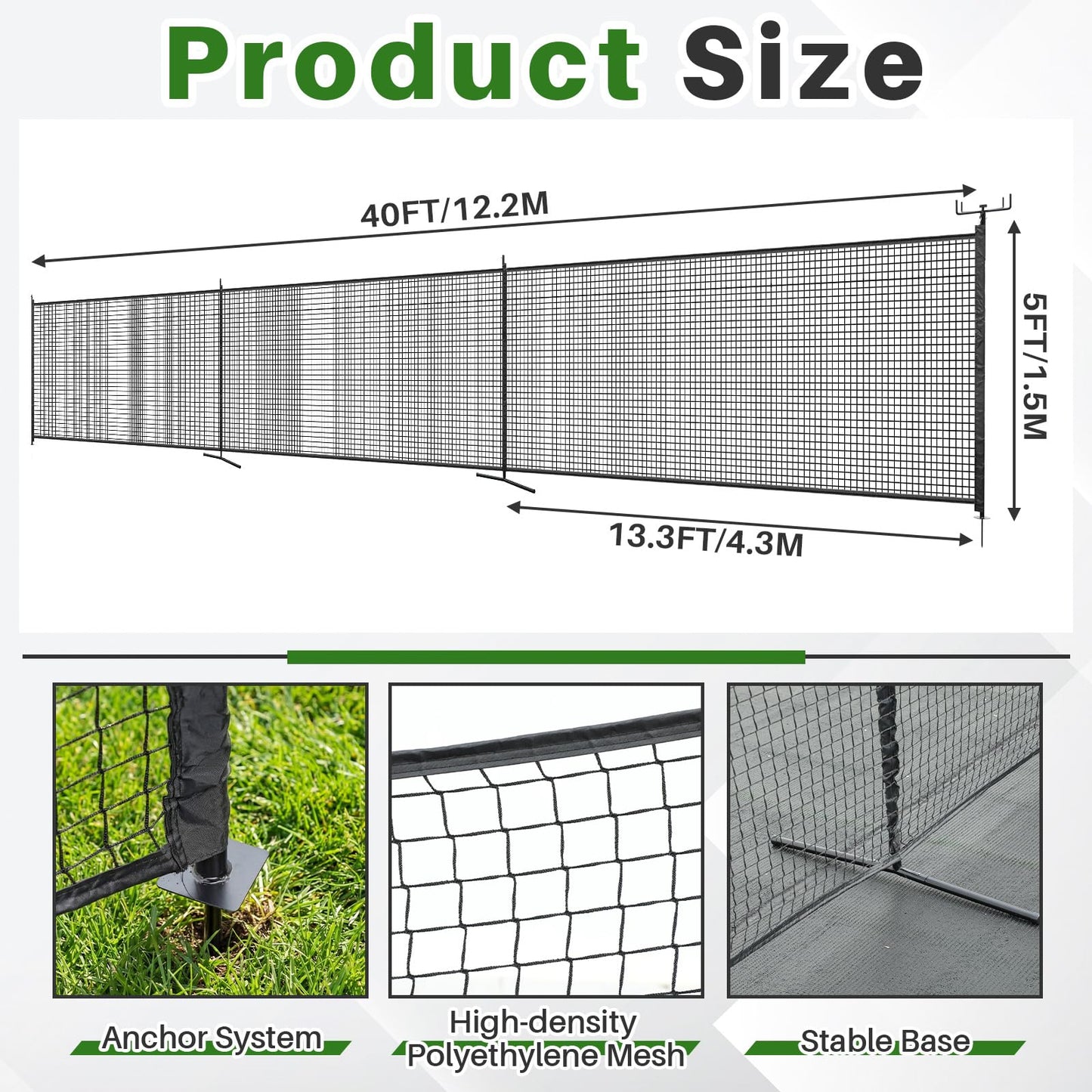 Yoojahow 40 x 5ft Driveway Guard Barricade Net, Heavy Duty Driveway Safety Net, Anti-Tear Remove Defense Netting with Spiral Ground Stakes and Support Poles, Visual Barrier for Playtime Safety (Black)