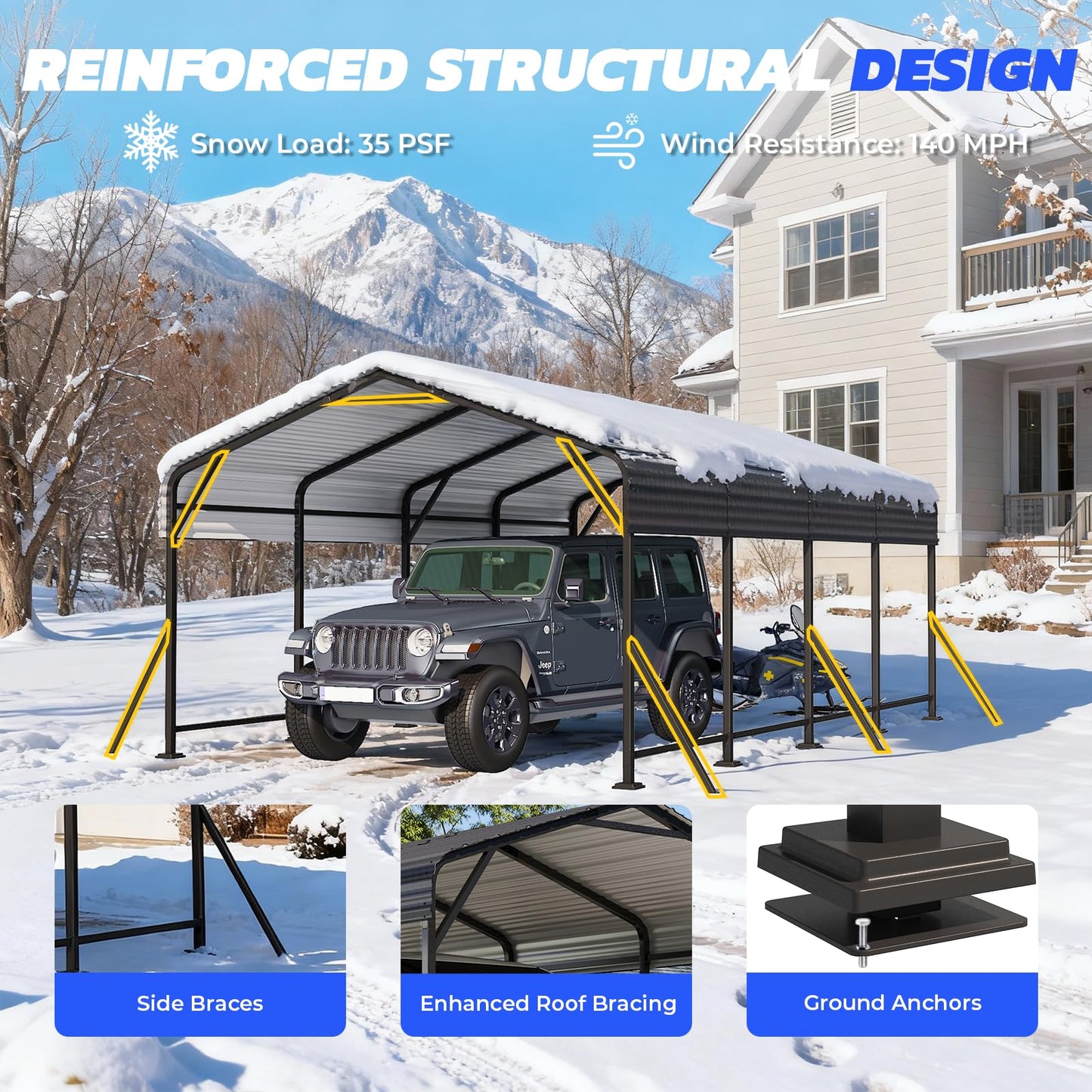 EROMMY 12' x 20' Heavy Duty Metal Carport with Galvanized Steel Roof & Base for All-Weather Protection, Outdoor Carport Garage, Versatile for Car, Boat, Tractor, and Party Use, Dark Gray