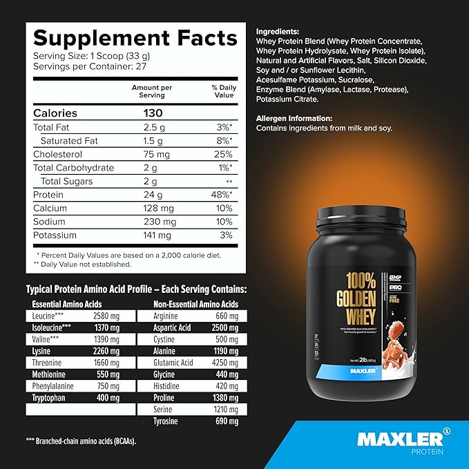 Maxler 100% Golden Whey Protein - 24g of Protein per Serving - Premium Whey Protein Powder for Pre Post Workout - Fast-Absorbing Whey Concentrate, Isolate & Hydrolysate Blend - Salted Caramel 2 lb