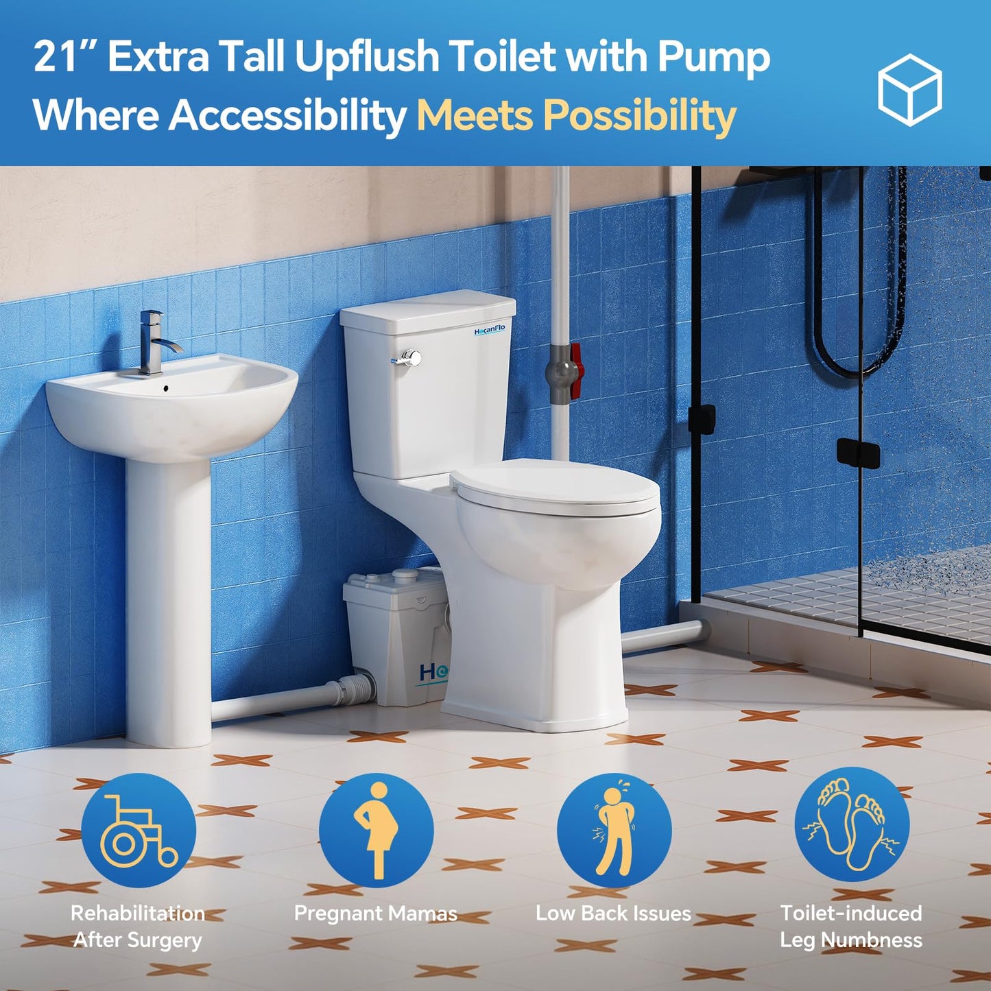 Upflush Macerating Toilet System – 21" ADA Compliant Tall Toilet with Macerator Pump Durable Copper Grinder with 4 Inlets for Basement Kitchen, Shower, Sink & Laundry, Extension Pipe Included