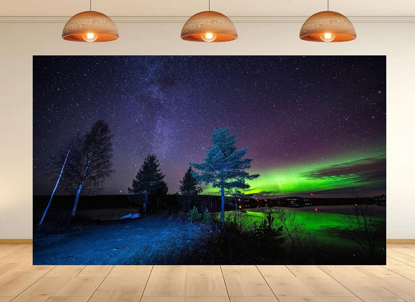 UPXIO 8x8ft Northern Lights Over Lake Backdrop Green Aurora Borealis and Starry Nordic Night Sky Photo Background