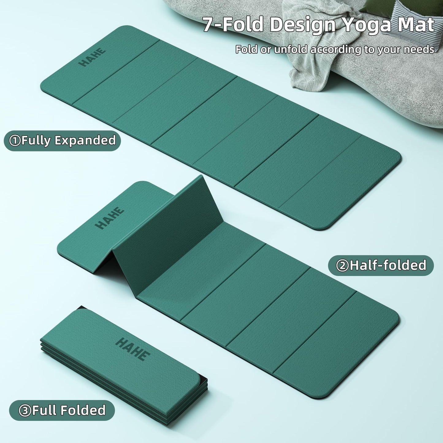 HAHE 7-Fold Design Extra Thick Yoga Mat 72"L x 24"W x 0.47",TPE Fitness Exercise Mats, Non-Slip Foldable Yoga Mat, High Density, Portable for Men & Women, Yoga, Pilates, Home Gym (Dark Green & Black)