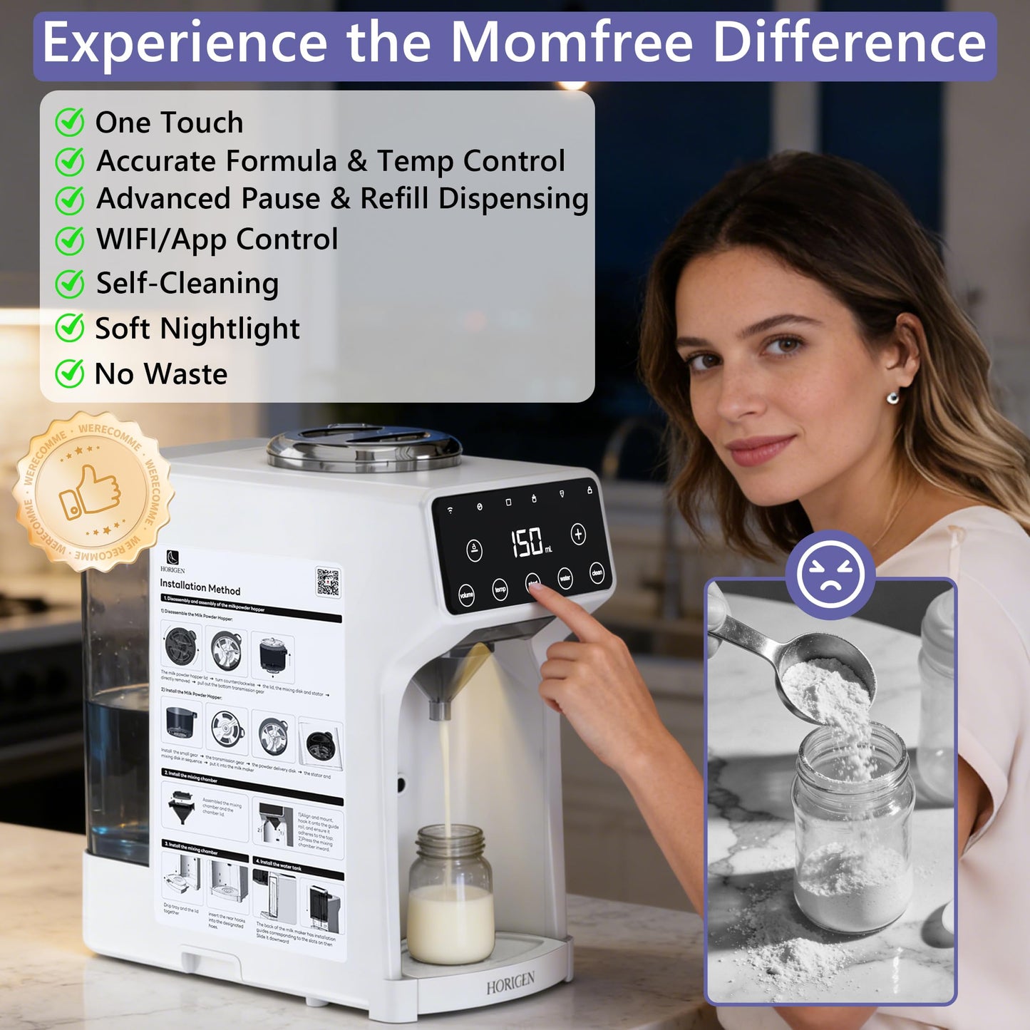 Horigen Smart Baby Formula Maker - Advanced WiFi Bottle Maker Formula Machine with Automatic Mix & Clean, Instant Warm Water, Fast Milk Make with Accurate Dispensing & Temperature Control