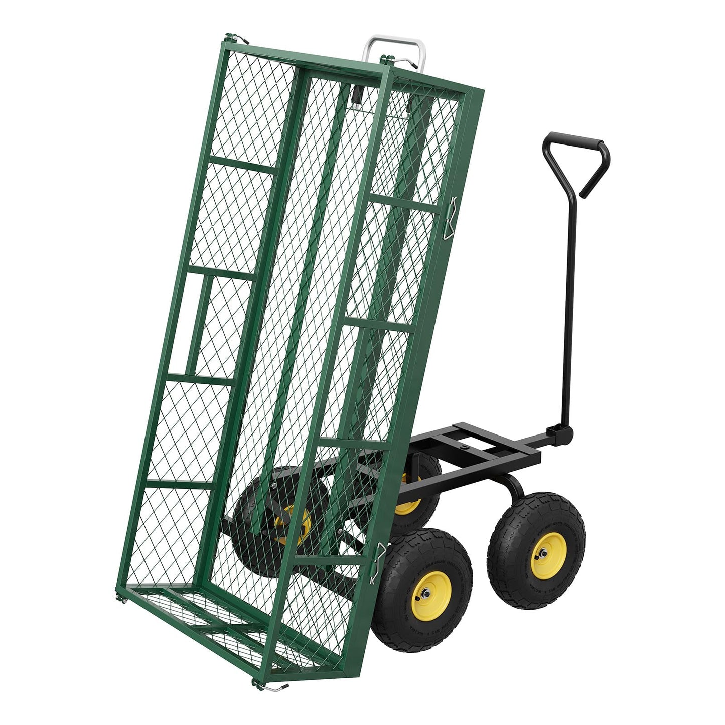 900 lbs Steel Garden Dump Cart with 10" Pneumatic Tires, Heavy Duty Yard Cart with 180°Rotating Handle & Removable Mesh Sides, Utility Dump Wagon for Lawn Farm Backyard, Green Black & Yellow