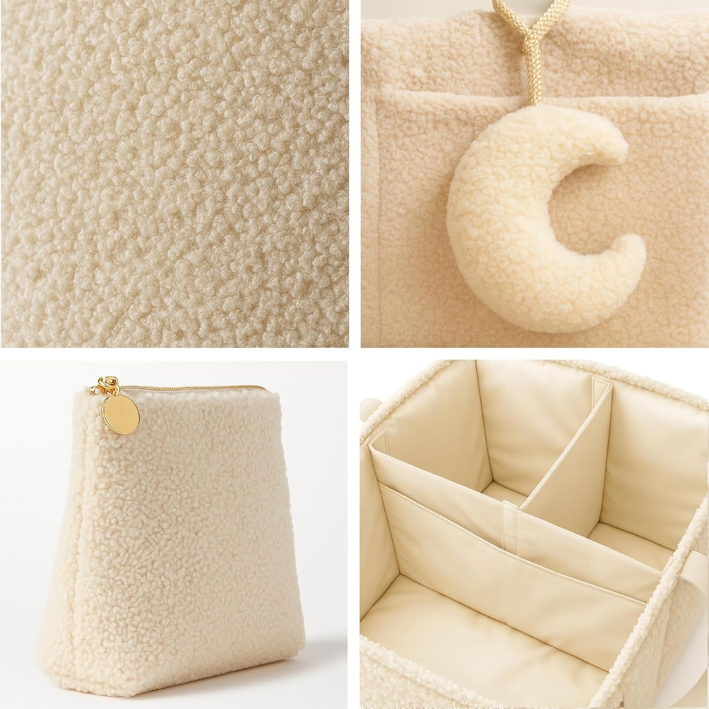 Orelle Bouclé Diaper Caddy Organizer - Portable Changing Table with Matching Pouch & Moon Pendant | Cream