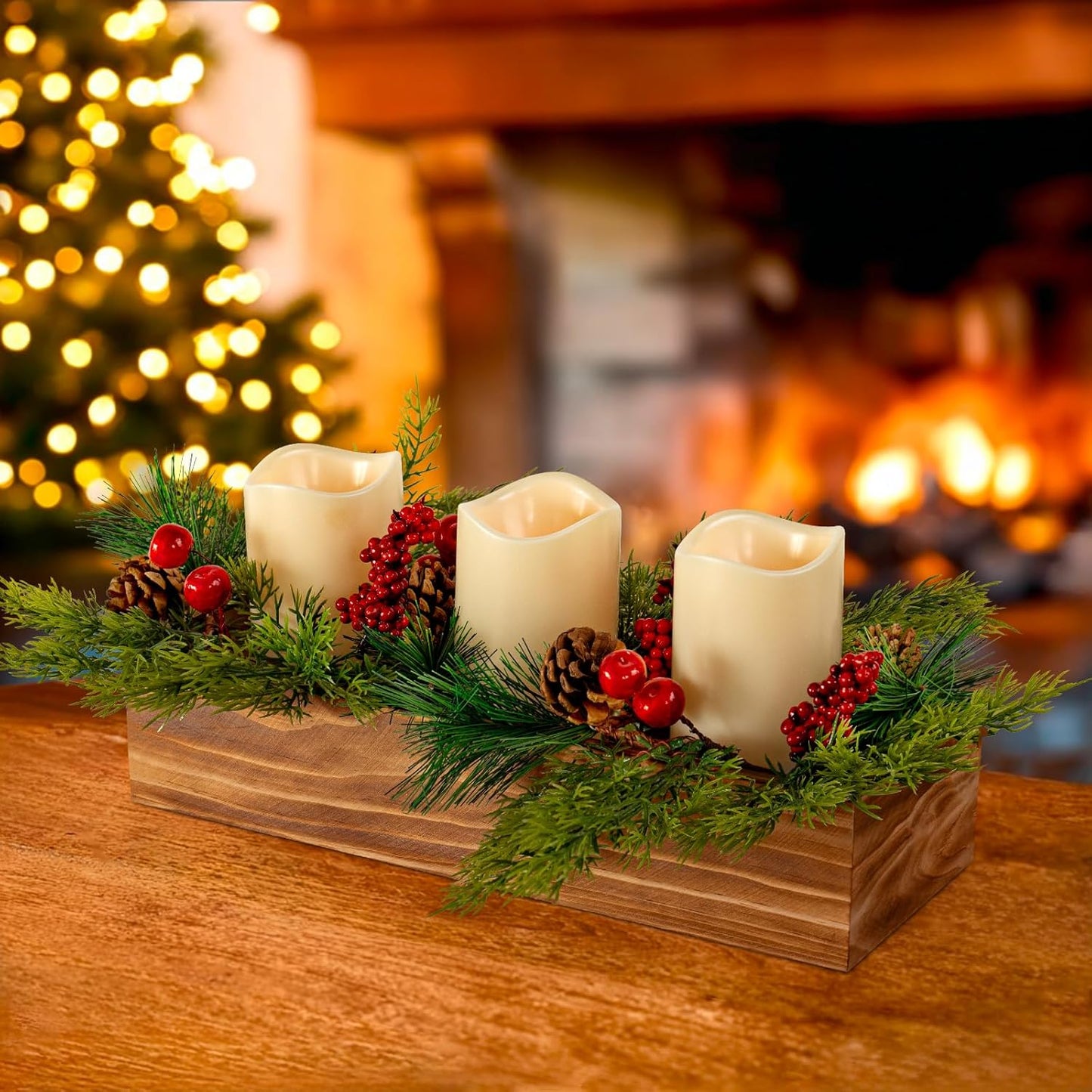 Regine Switzerland Christmas Table Centerpiece - 3 Flameless LED Candles with Pine Cones & Red Berries | Rustic Wood Holders for Holiday Dining & Xmas Party Decor