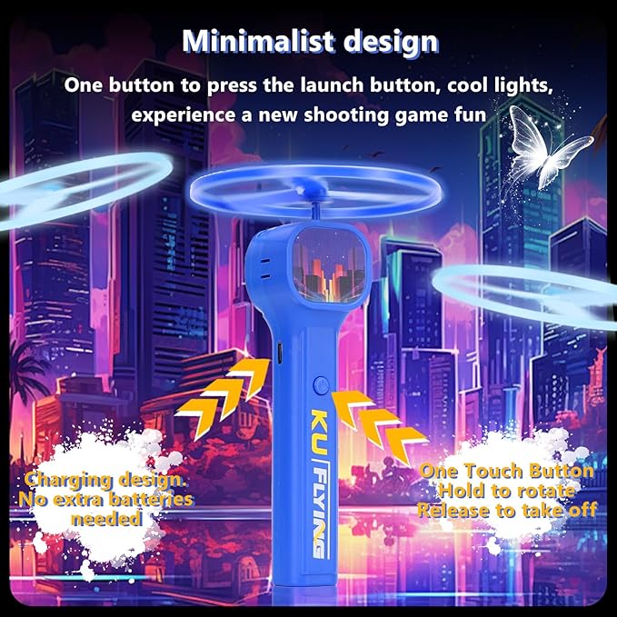 Yuzee Electric Flying Disc Launcher Toy - Outdoor Games Light Up Frisbee, with Light and 6 Flying Spinner, Rechargeable Transmitter Stick, Sports and Outdoor Summer Flying Toys for Kids and Adults (A)